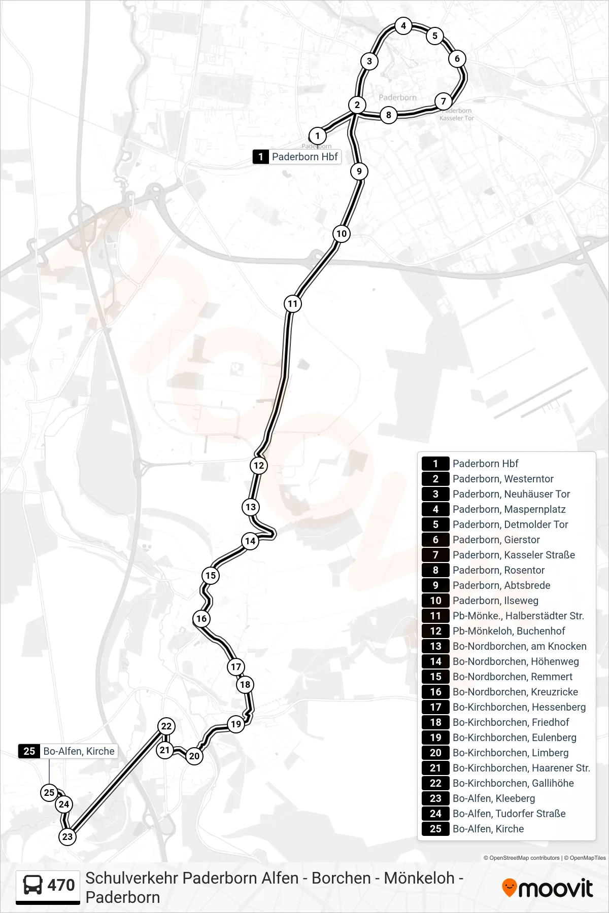 470 bus Line (Bo-Alfen, Kirche) route and stops on a map