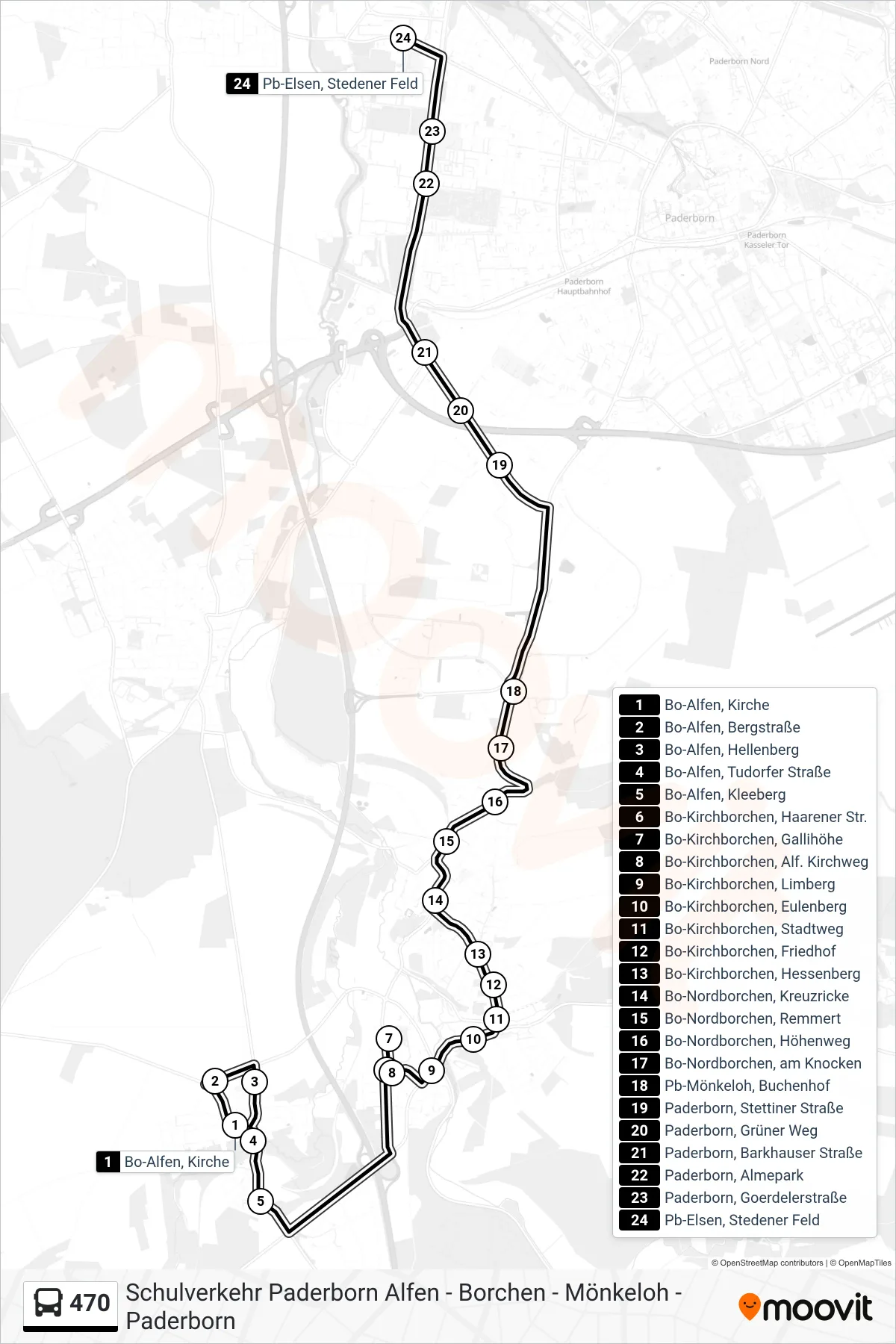 470 bus Line (Pb-Elsen, Stedener Feld) route and stops on a map