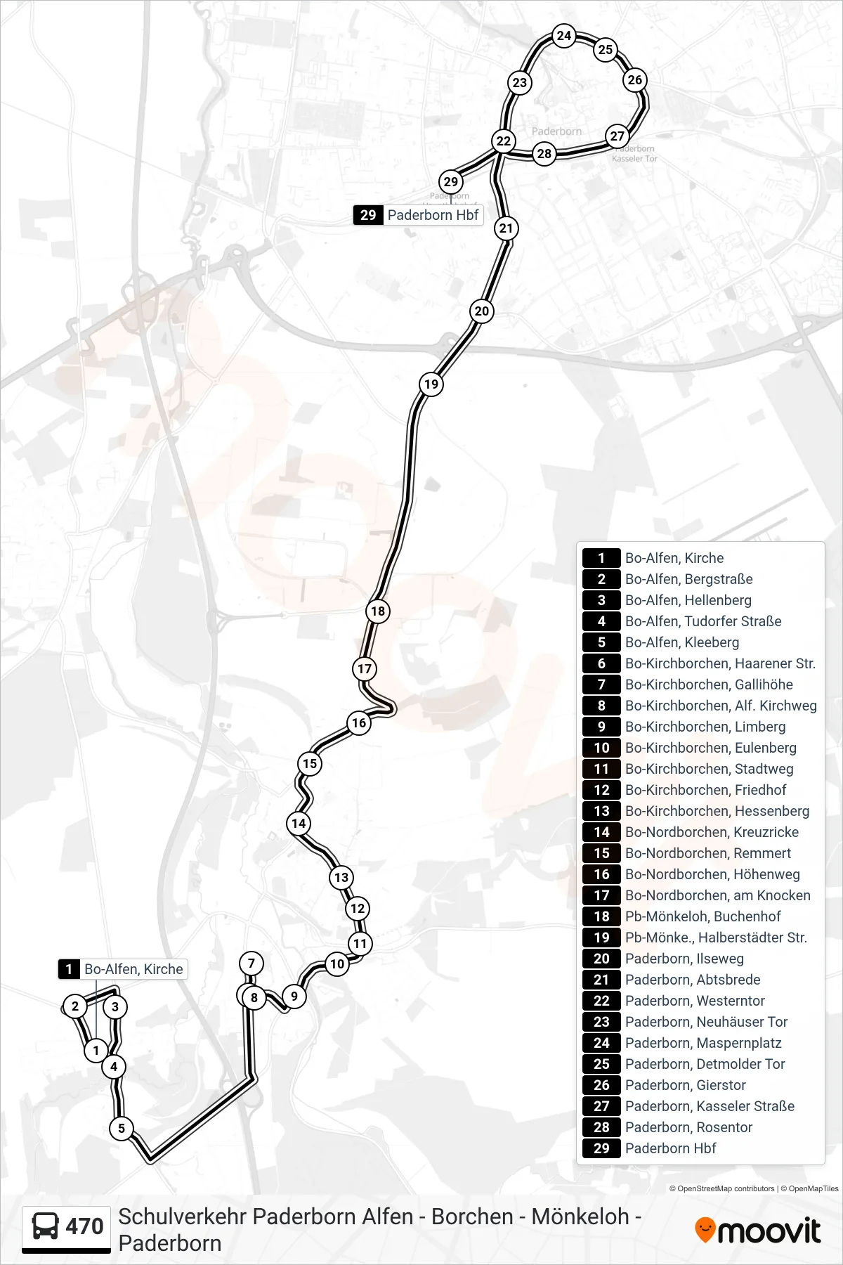 Linie 470 (Bus) Richtung Paderborn Hbf Bstg B: Route und Haltestellen auf der Karte