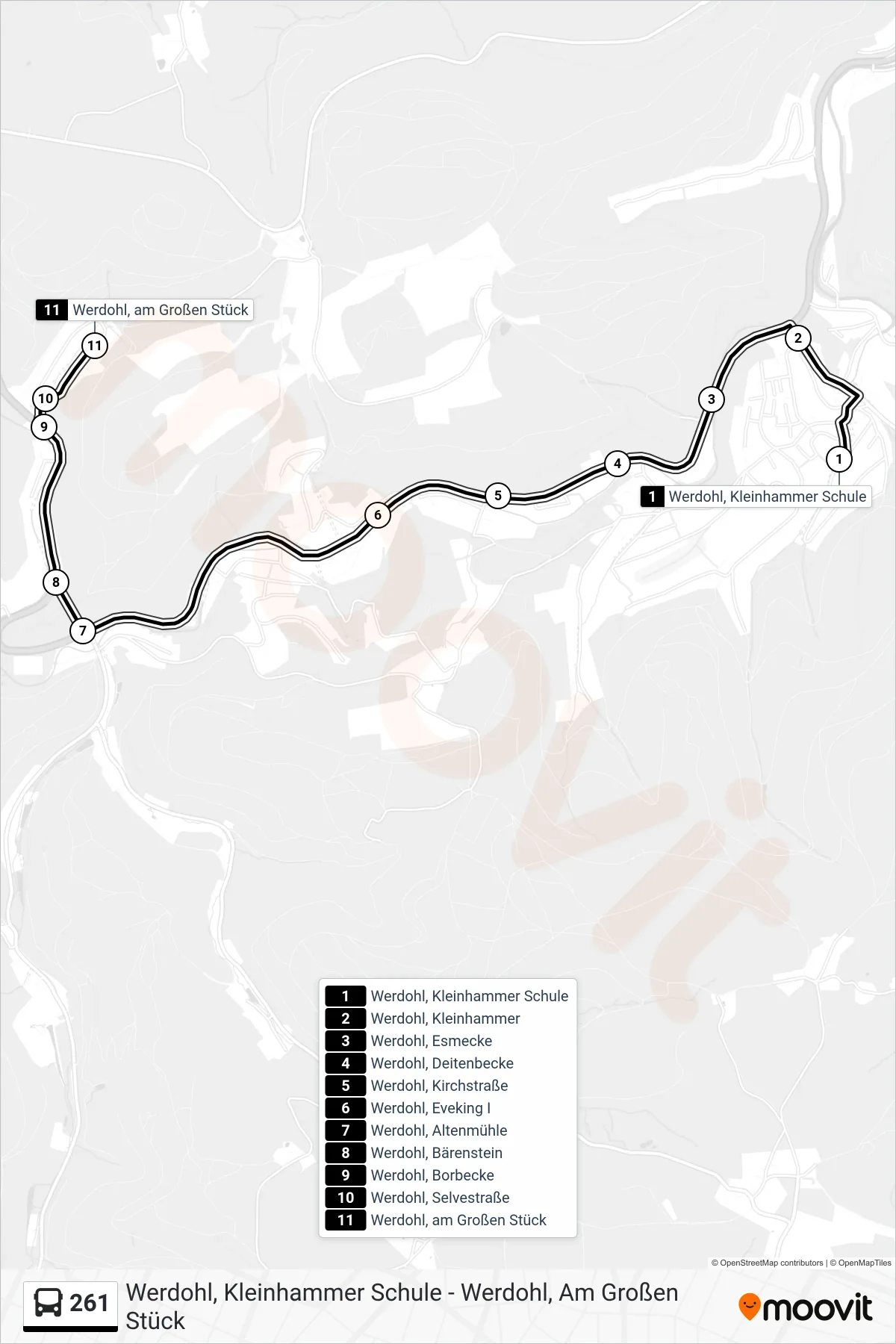 261 bus Line (Werdohl, am Großen Stück) route and stops on a map