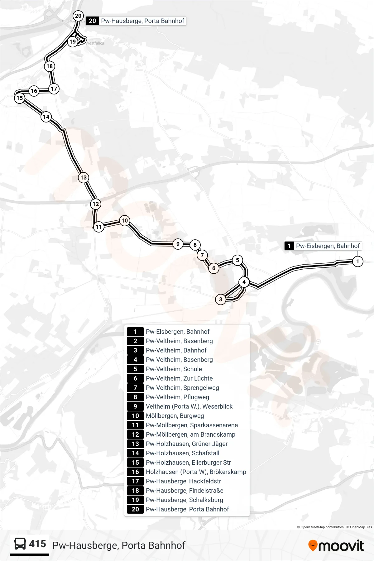 415 bus Line (Pw-Hausberge, Porta Bahnhof) route and stops on a map