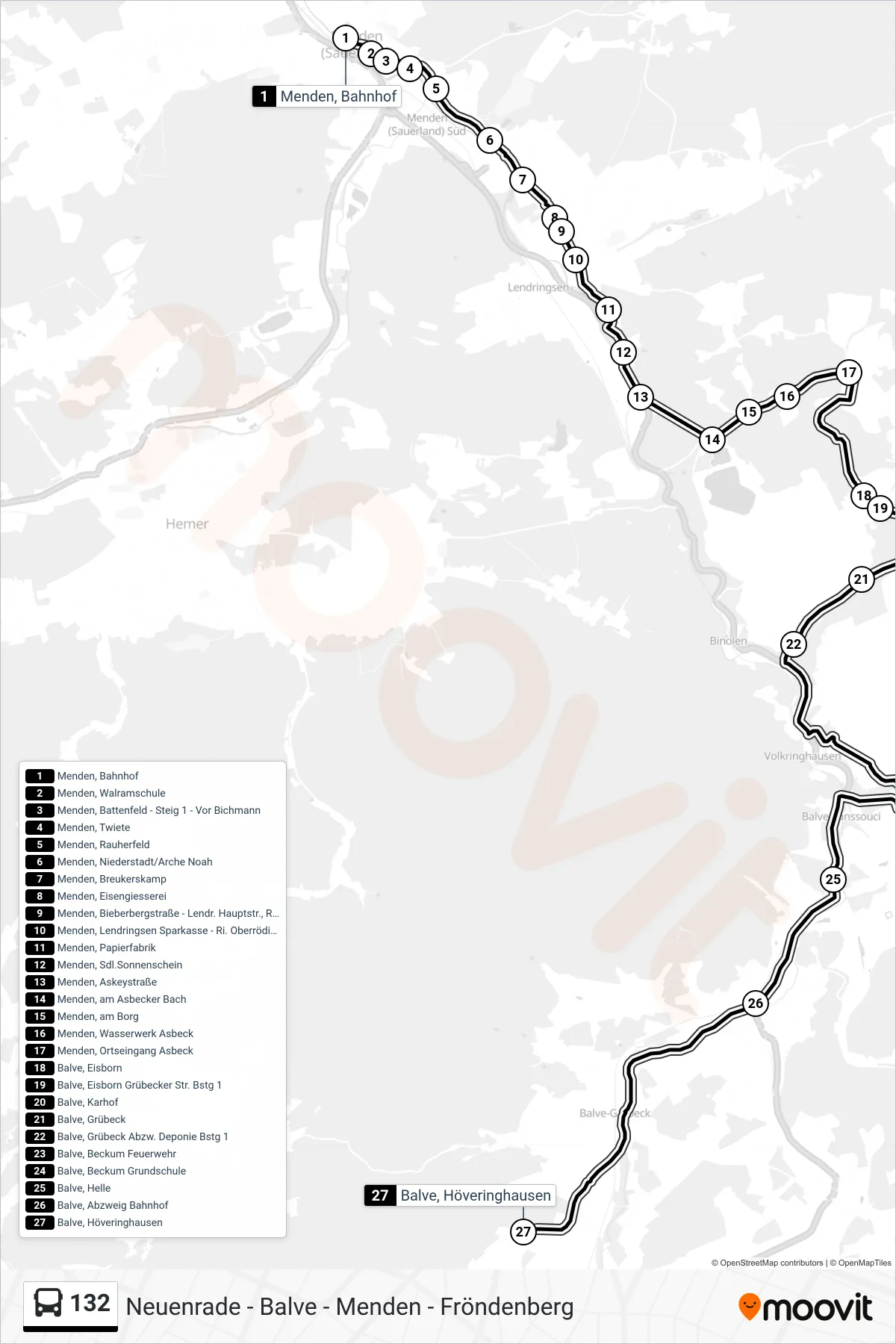 132 bus Line (Höveringhausen) route and stops on a map
