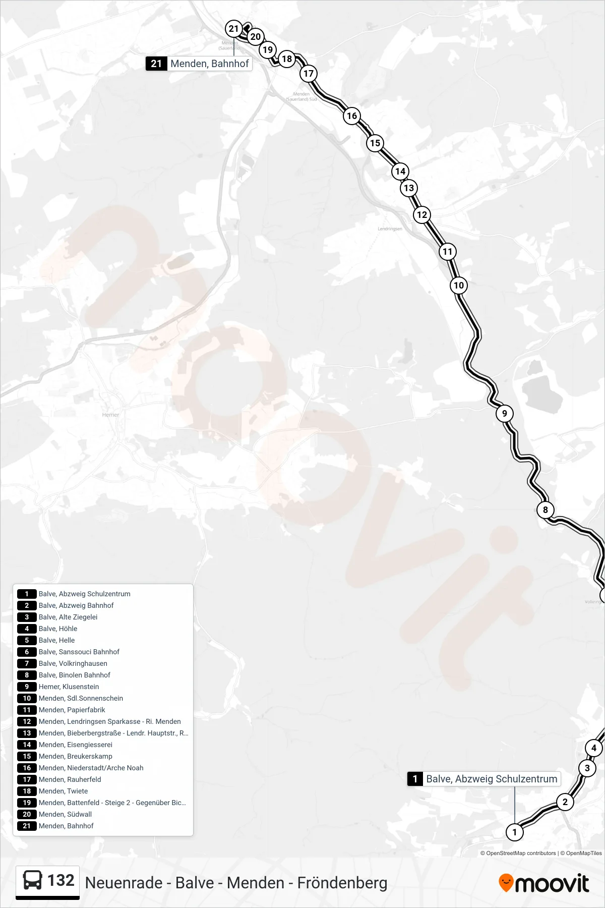 132 bus Line (Menden Bf) route and stops on a map