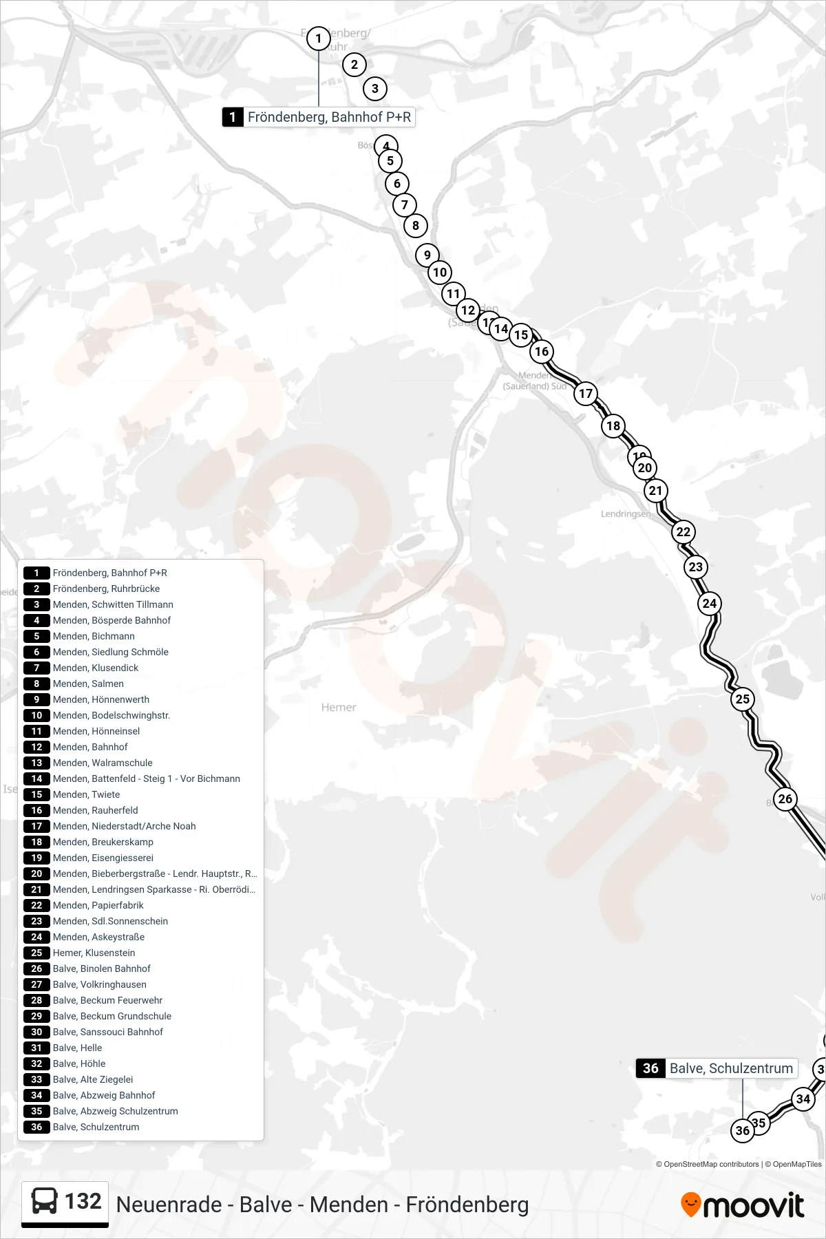 132 bus Line (Balve Schulz.) route and stops on a map