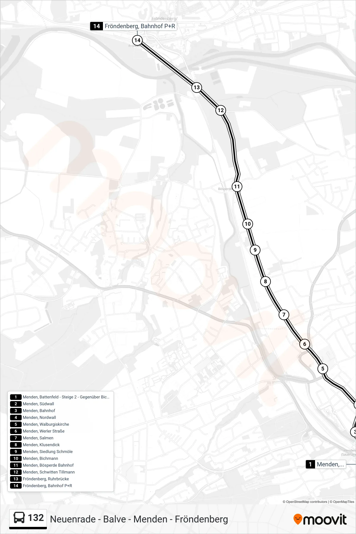 Linie 132 (Bus) Richtung Fröndenberg Bf: Route und Haltestellen auf der Karte