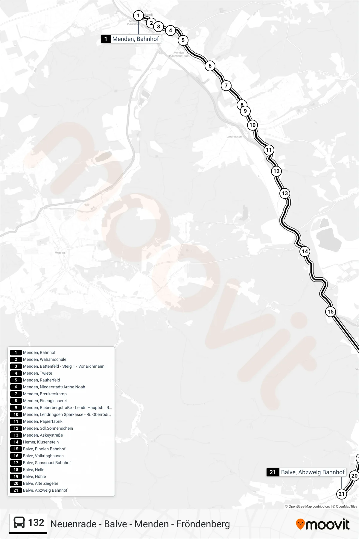 132 bus Line (Balve Abzw. Bf) route and stops on a map