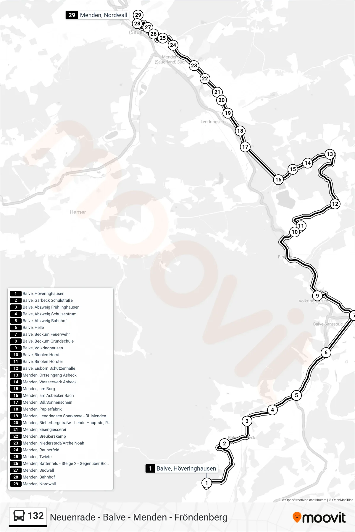 132 bus Line (Höveringhausen) route and stops on a map
