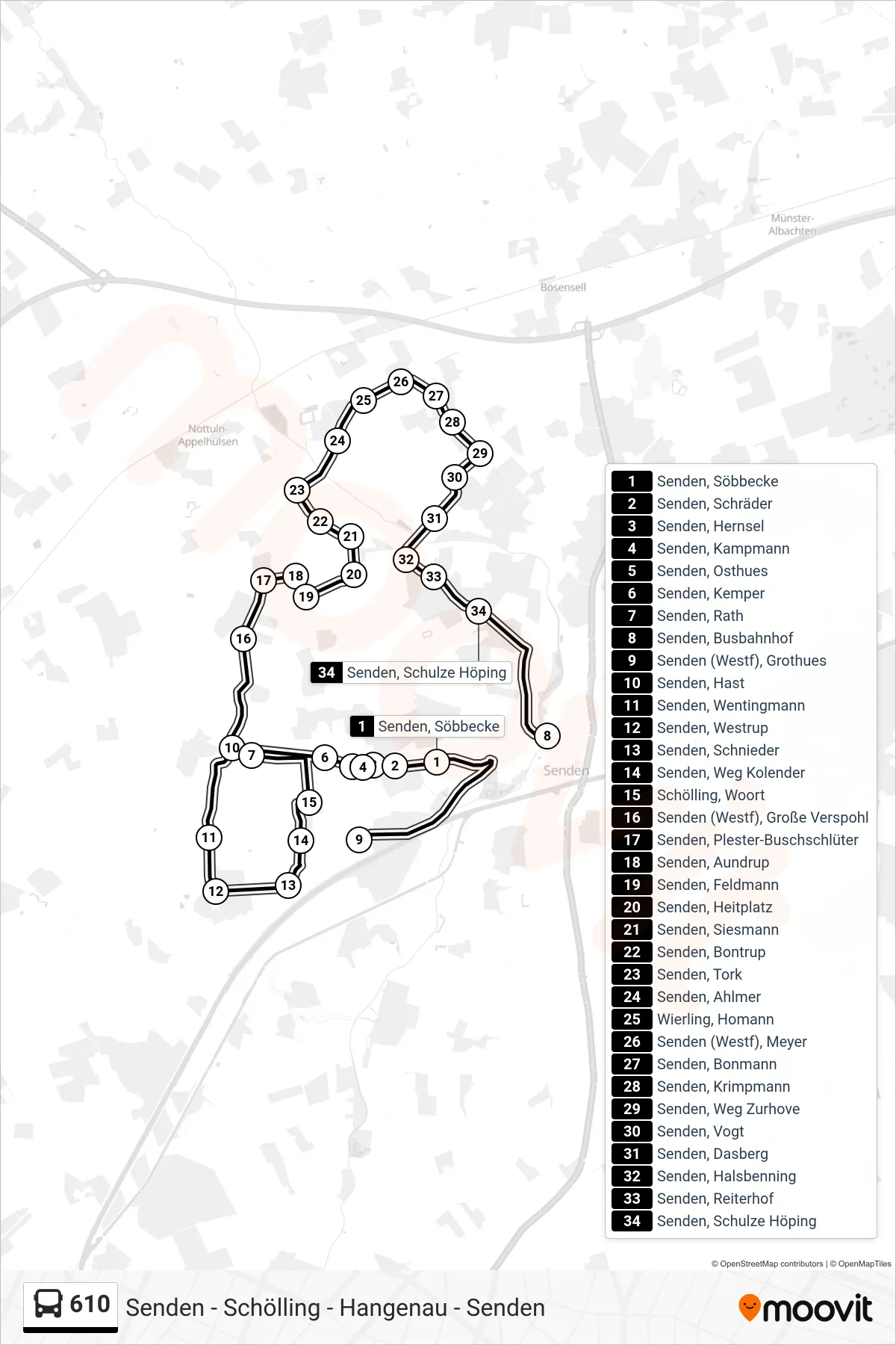 Linie 610 (Bus) Richtung Senden, Busbahnhof Bstg E: Route und Haltestellen auf der Karte
