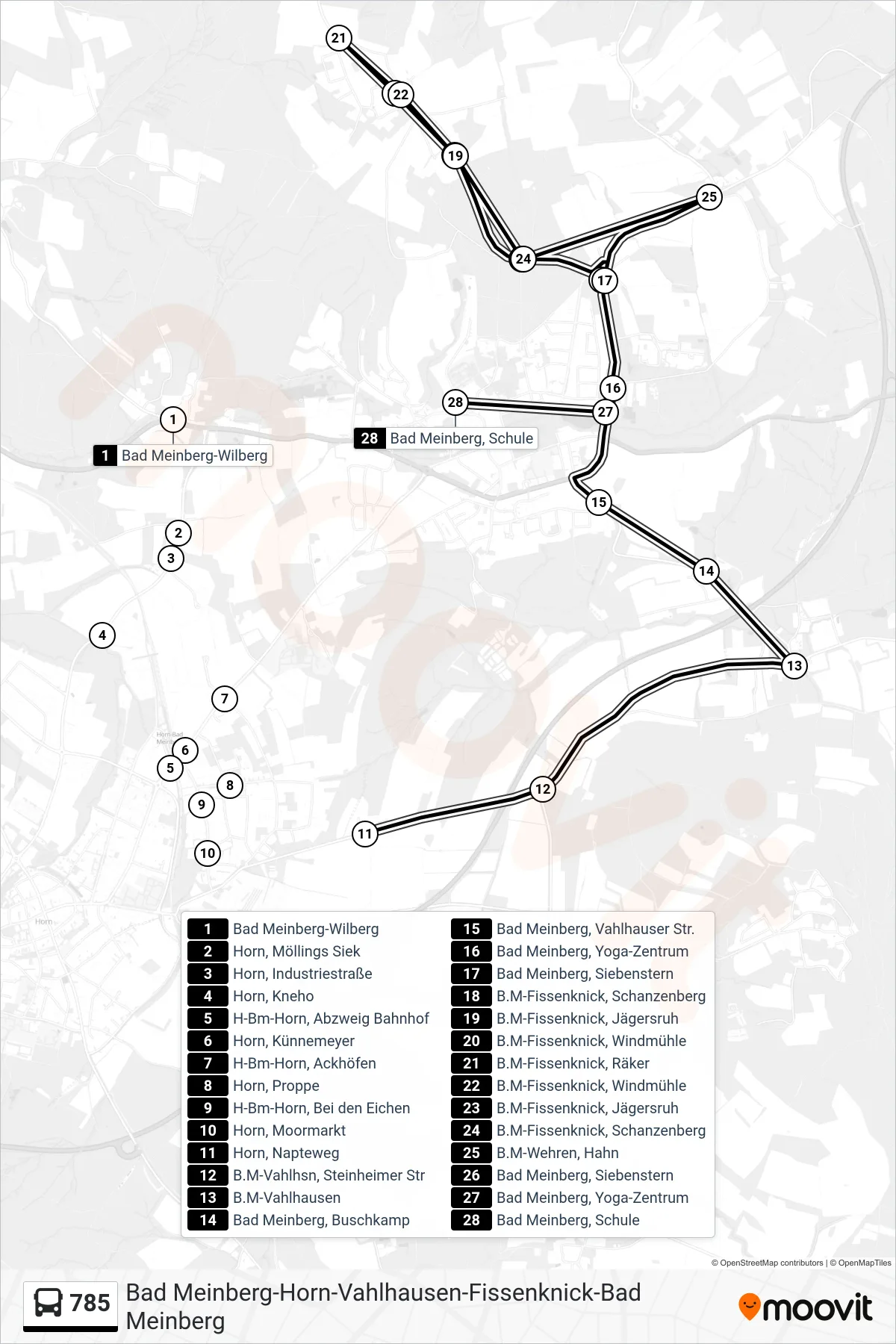 Linie 785 (Bus) Richtung Bad Meinberg, Schule: Route und Haltestellen auf der Karte