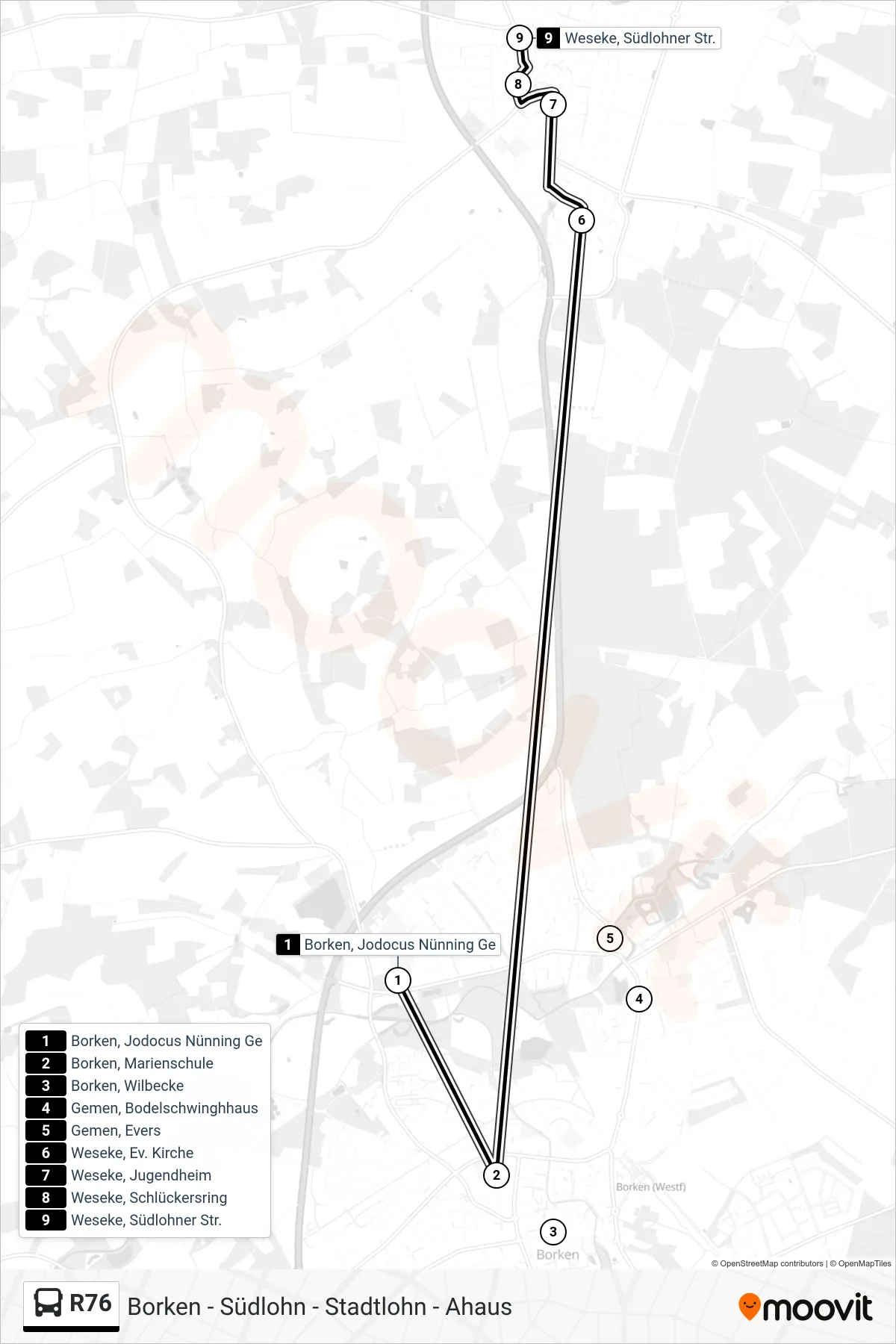 R76 bus Line (Weseke, Südlohner Str.) route and stops on a map