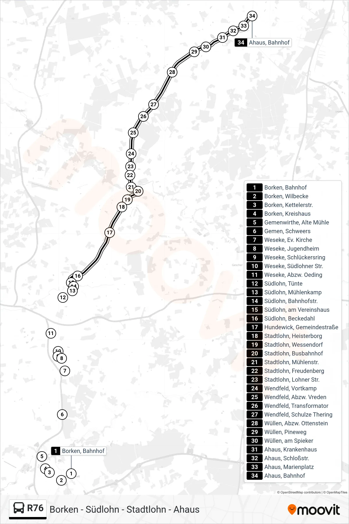 Linie R76 (Bus) Richtung Ahaus, Bahnhof Bstg C2: Route und Haltestellen auf der Karte