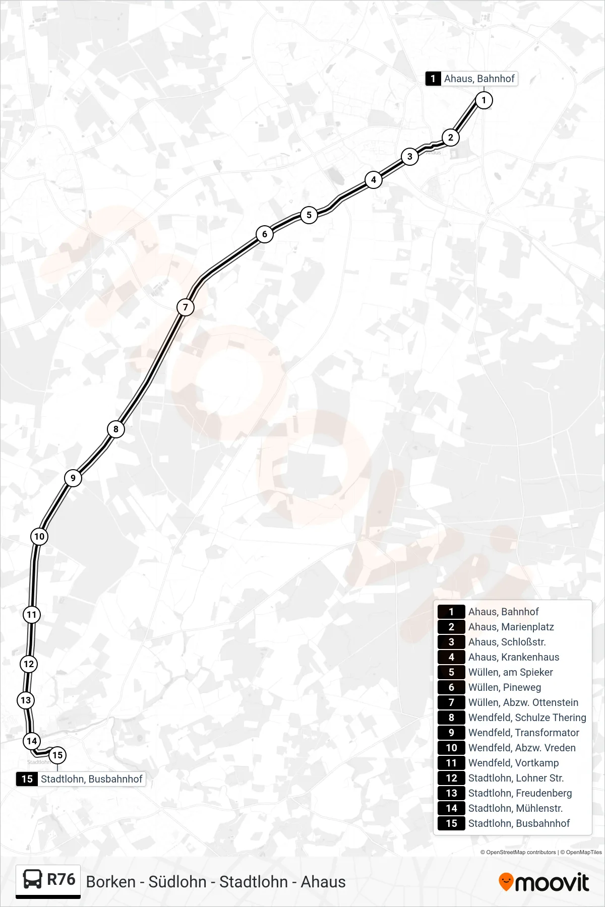 R76 bus Line (Stadtlohn, Busbahnhof Bstg A2) route and stops on a map