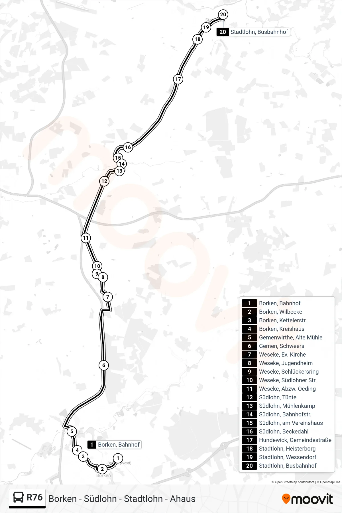 R76 bus Line (Stadtlohn, Busbahnhof Bstg B2) route and stops on a map