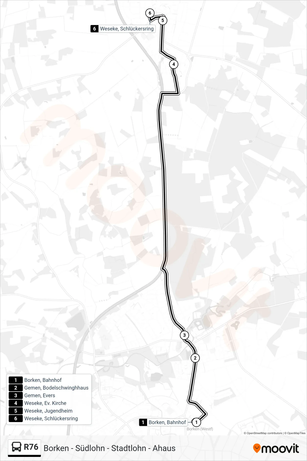 R76 bus Line (Weseke, Schlückersring) route and stops on a map