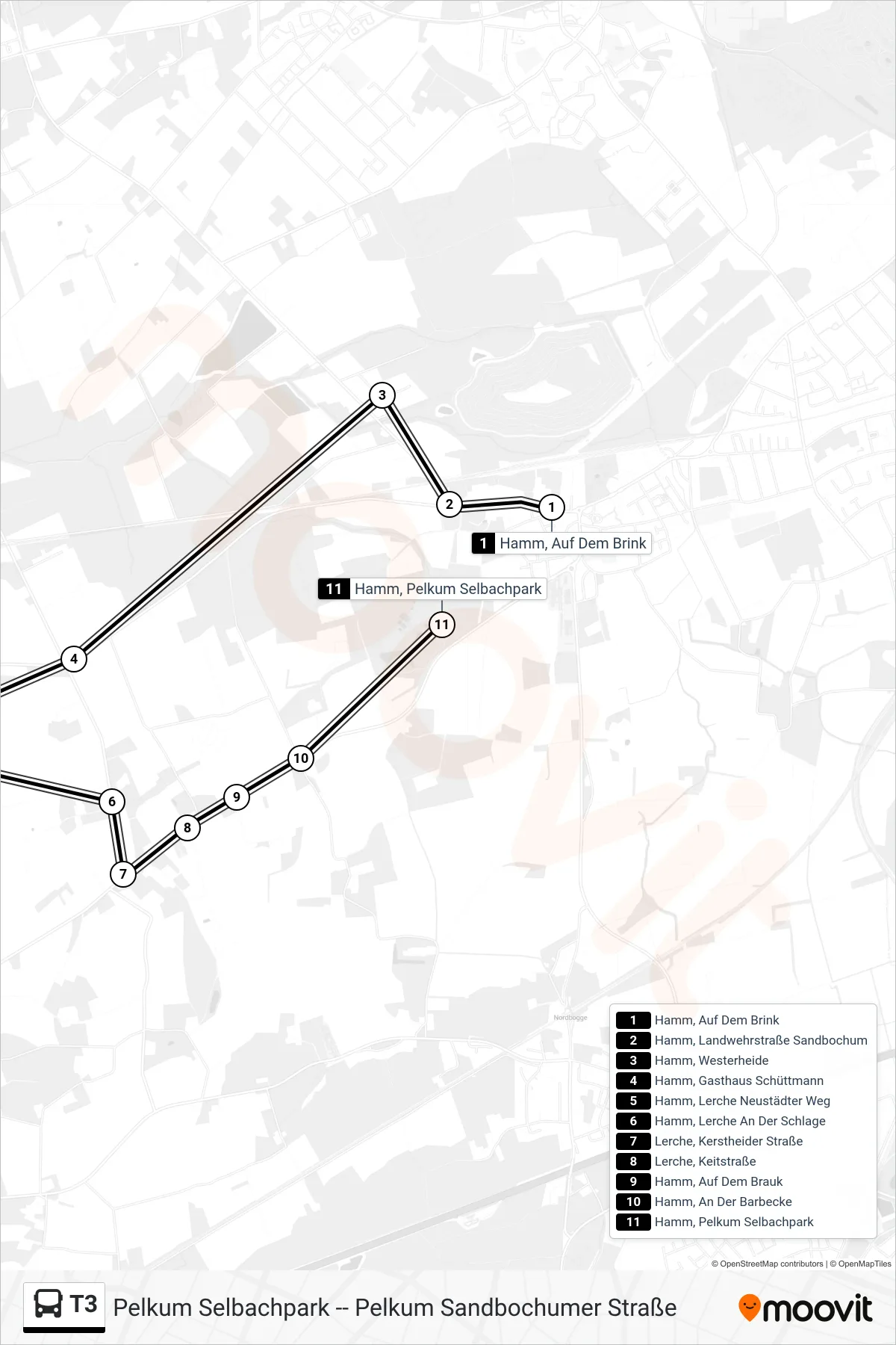T3 bus Line (Hamm, Pelkum Selbachpark) route and stops on a map