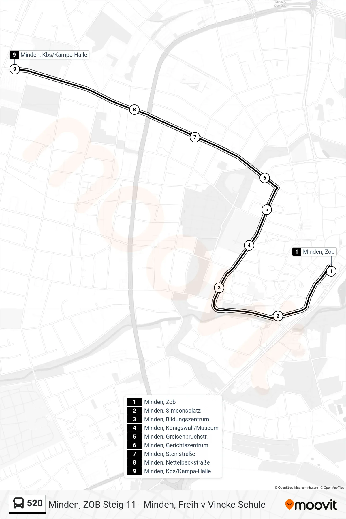 Linie 520 (Bus) Richtung Kbs/Kampa-Halle: Route und Haltestellen auf der Karte