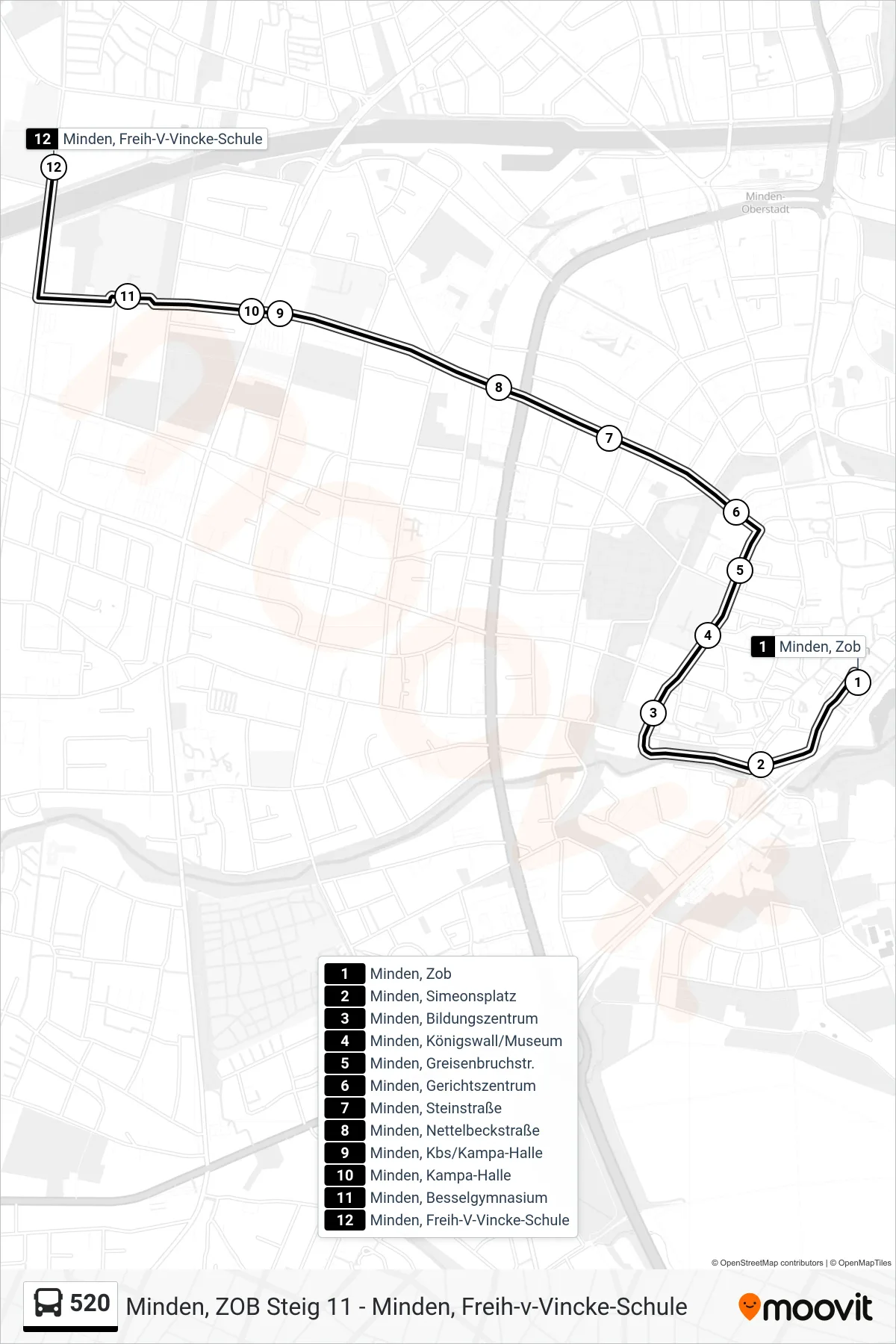520 bus Line (Besselgymnasium Freih.-V.-Vincke-Schule) route and stops on a map