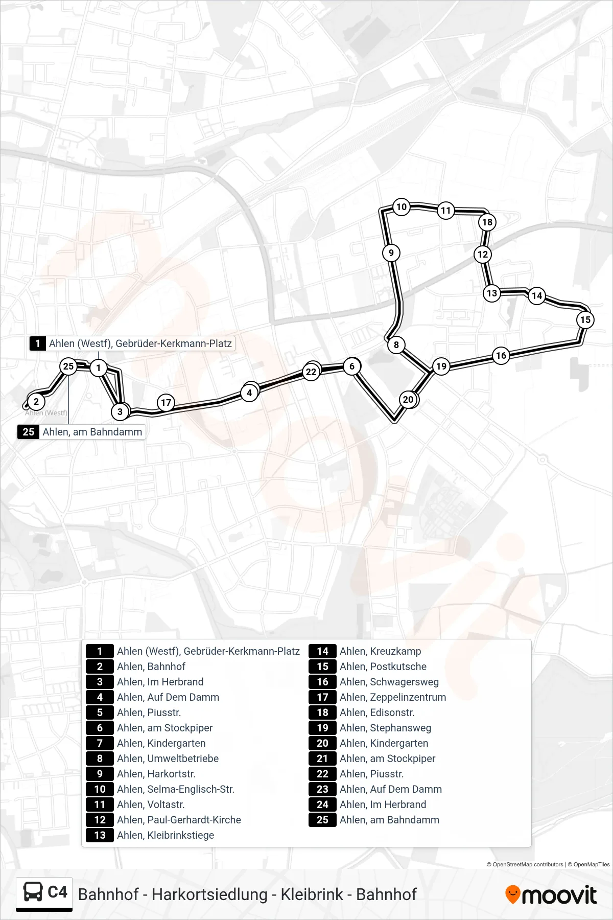 Linie C4 (Bus) Richtung Ahlen, Bahnhof: Route und Haltestellen auf der Karte