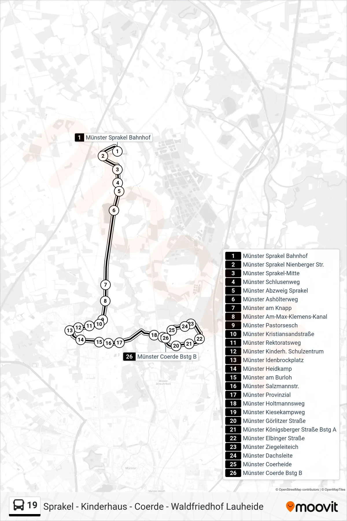 19 bus Line (Coerde) route and stops on a map