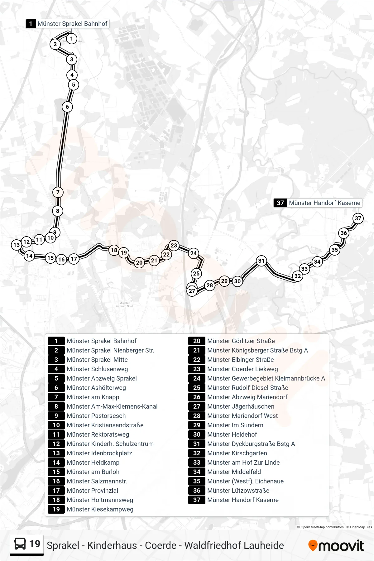 19 bus Line (Handorf Kaserne) route and stops on a map