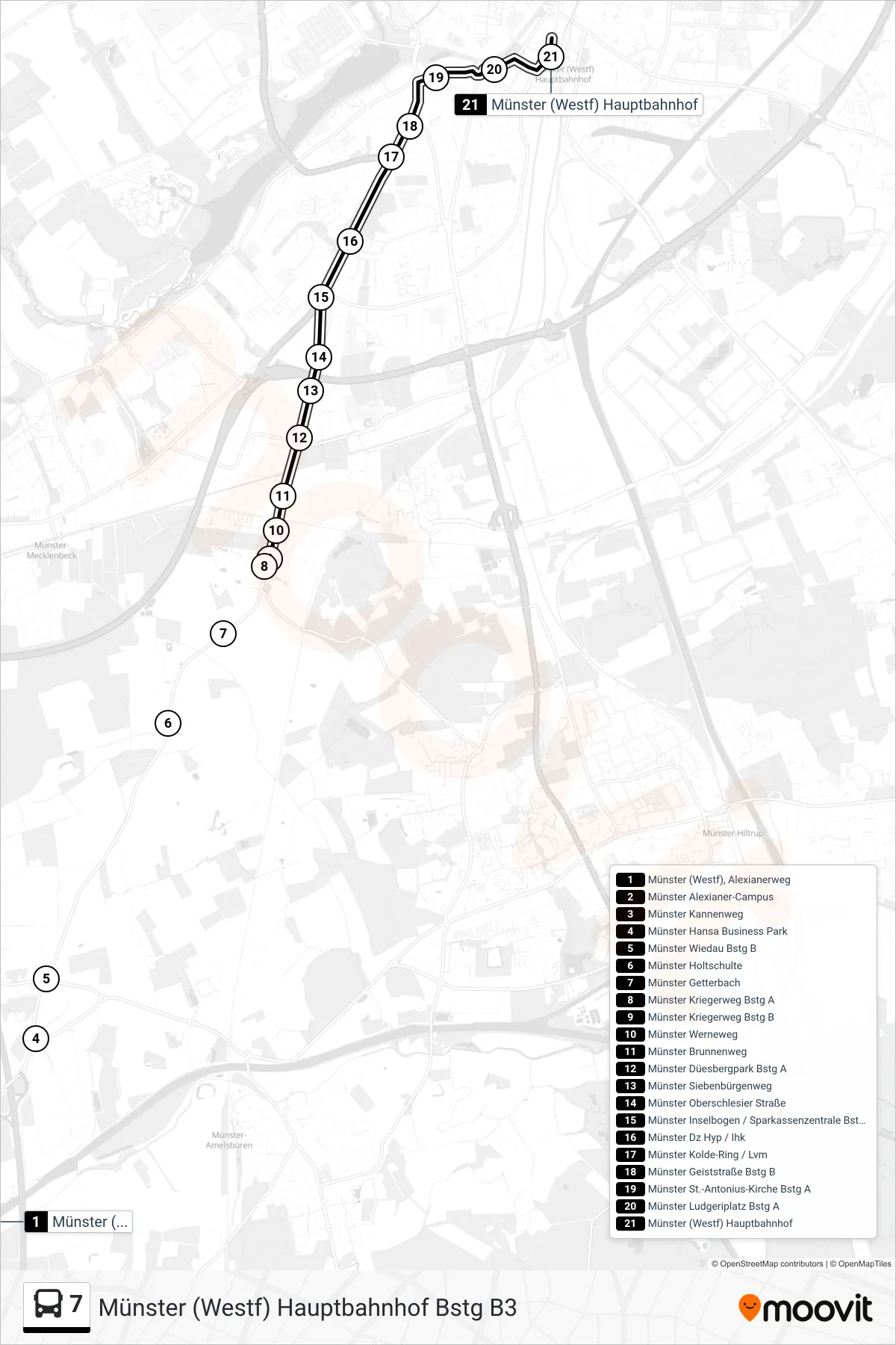 Linie 7 (Bus) Richtung Münster (Westf)  Hauptbahnhof Bstg B3: Route und Haltestellen auf der Karte
