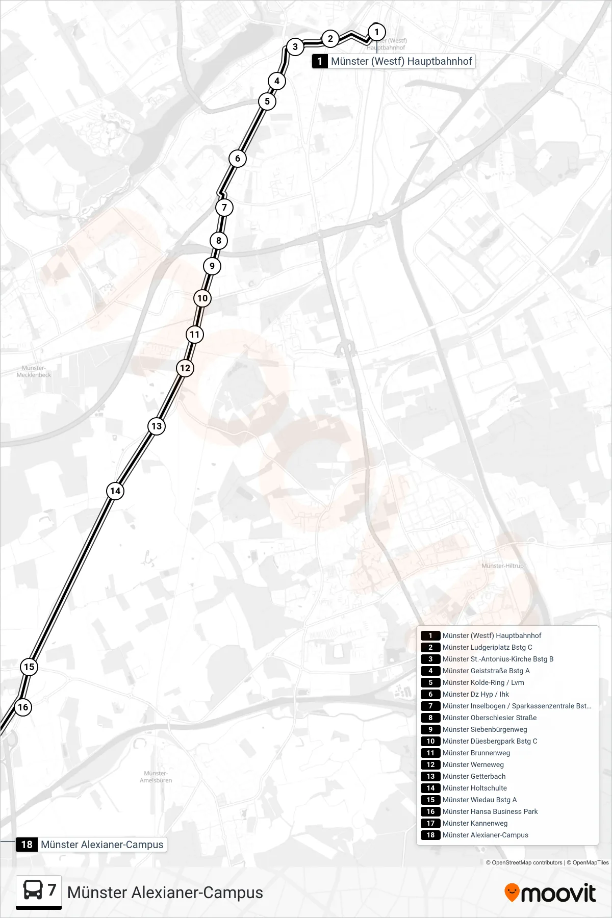 Linie 7 (Bus) Richtung Münster Alexianer-Campus: Route und Haltestellen auf der Karte