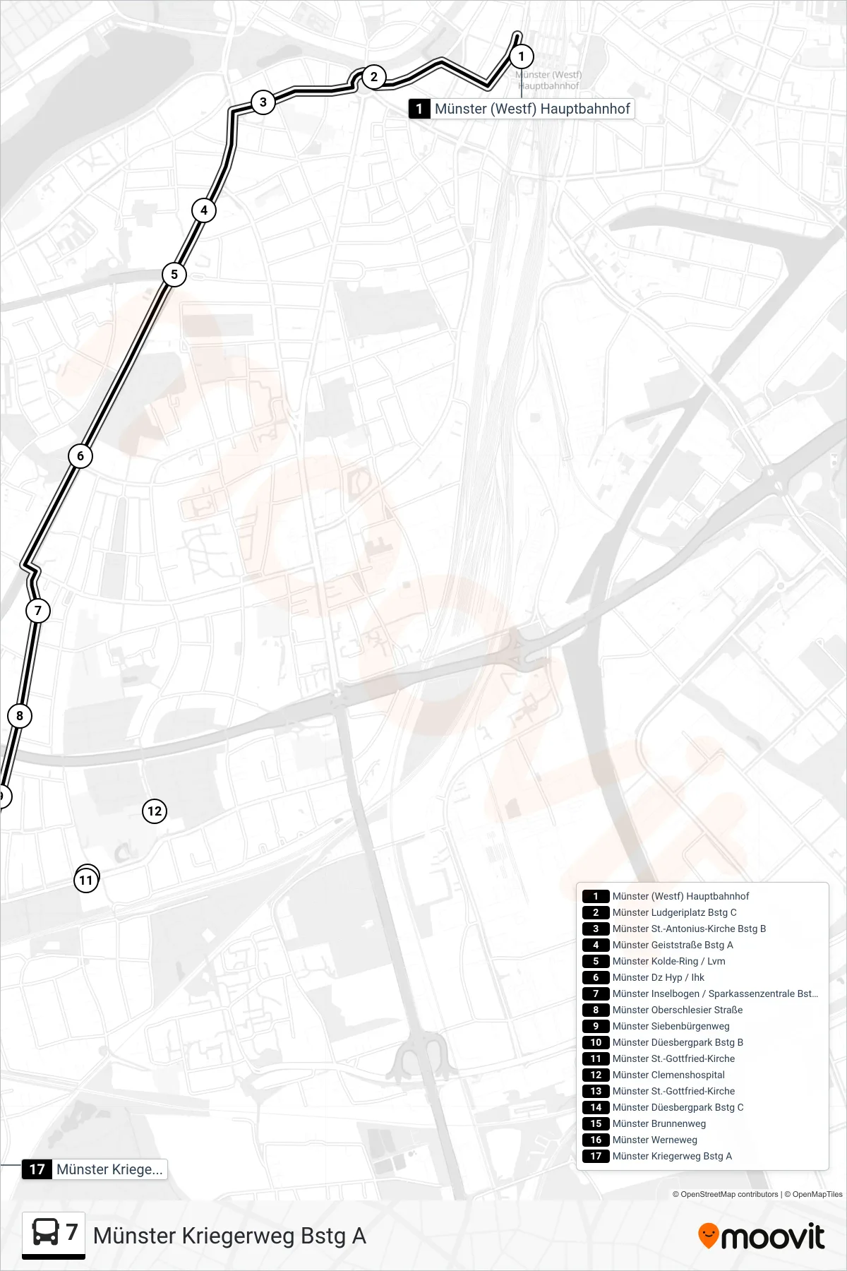 Linie 7 (Bus) Richtung Münster Kriegerweg Bstg A: Route und Haltestellen auf der Karte