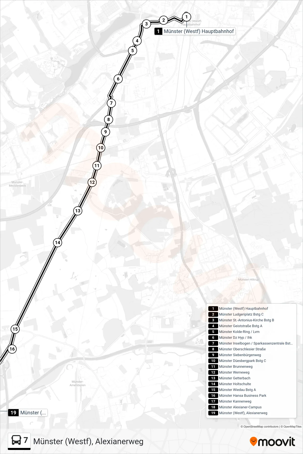 7 bus Line (Münster (Westf), Alexianerweg) route and stops on a map
