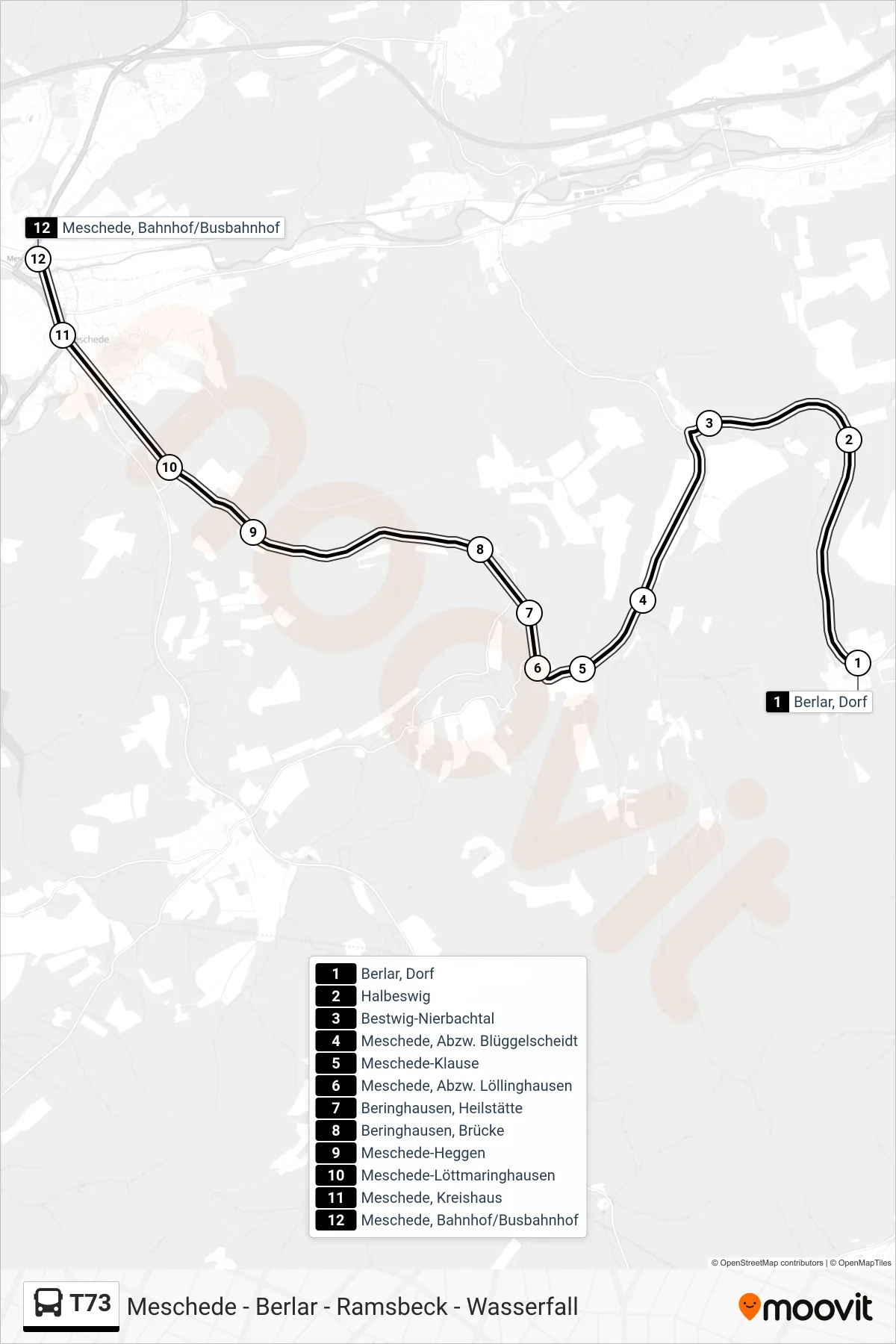 T73 bus Line (Meschede, Bahnhof/Busbahnhof 4) route and stops on a map