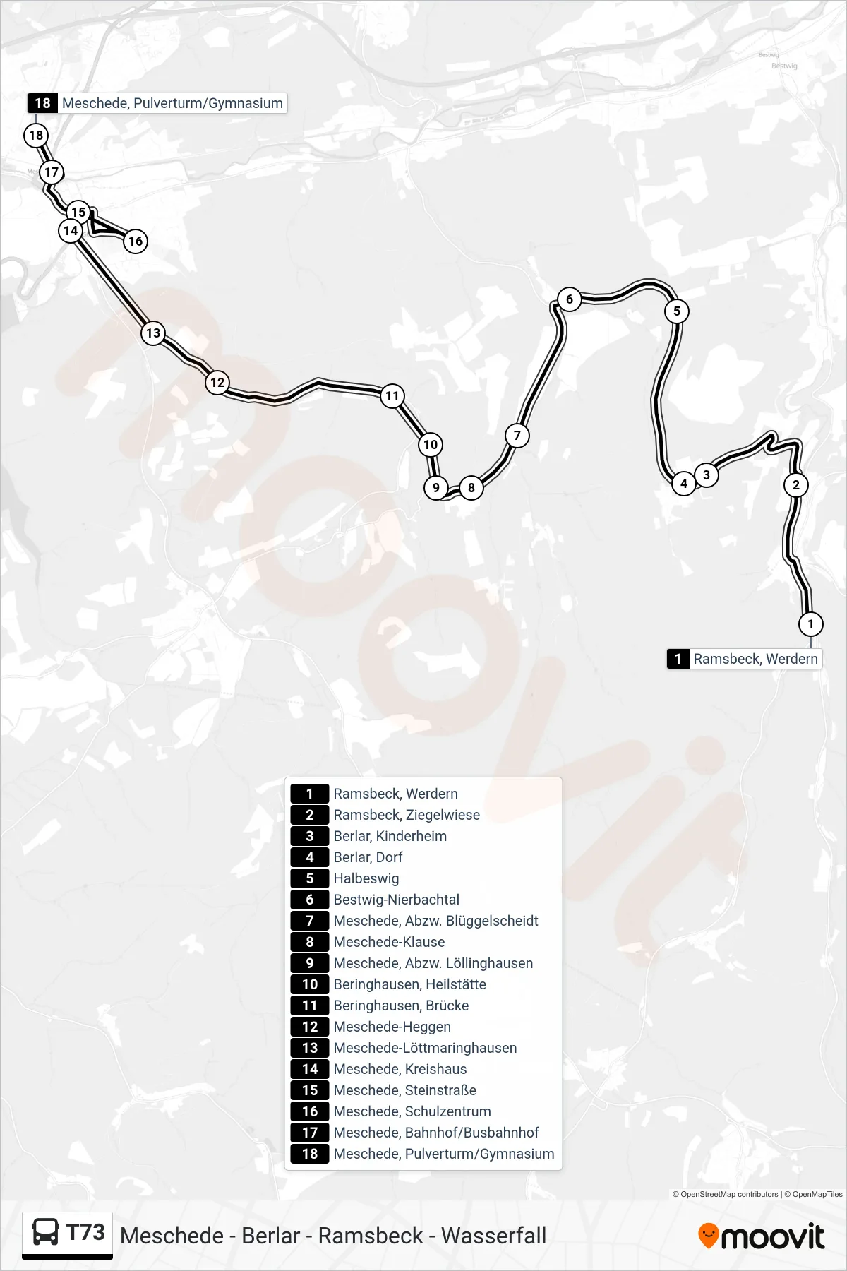 Linie T73 (Bus) Richtung Meschede, Pulverturm/Gymnasium: Route und Haltestellen auf der Karte