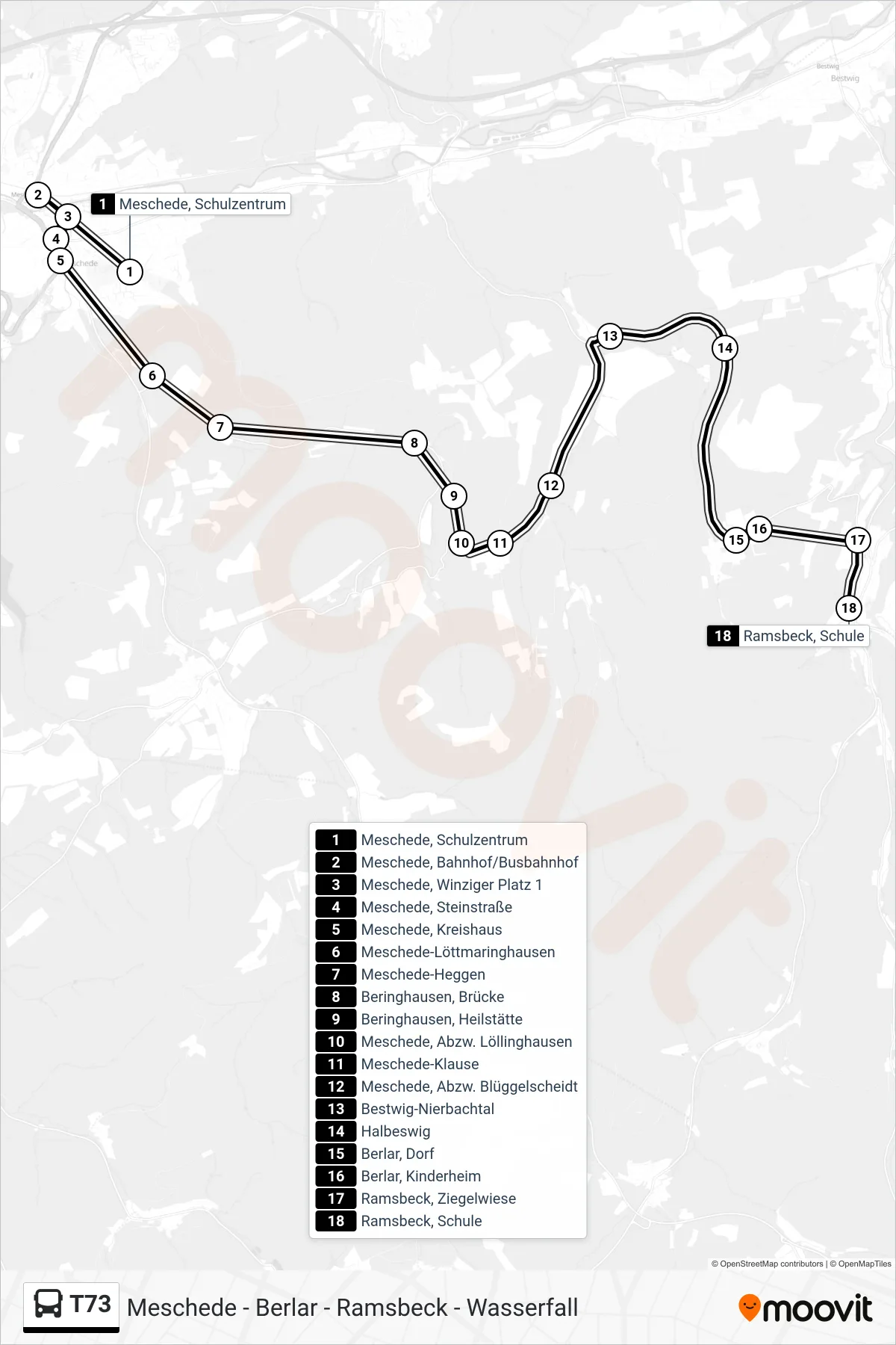 T73 bus Line (Ramsbeck, Schule) route and stops on a map