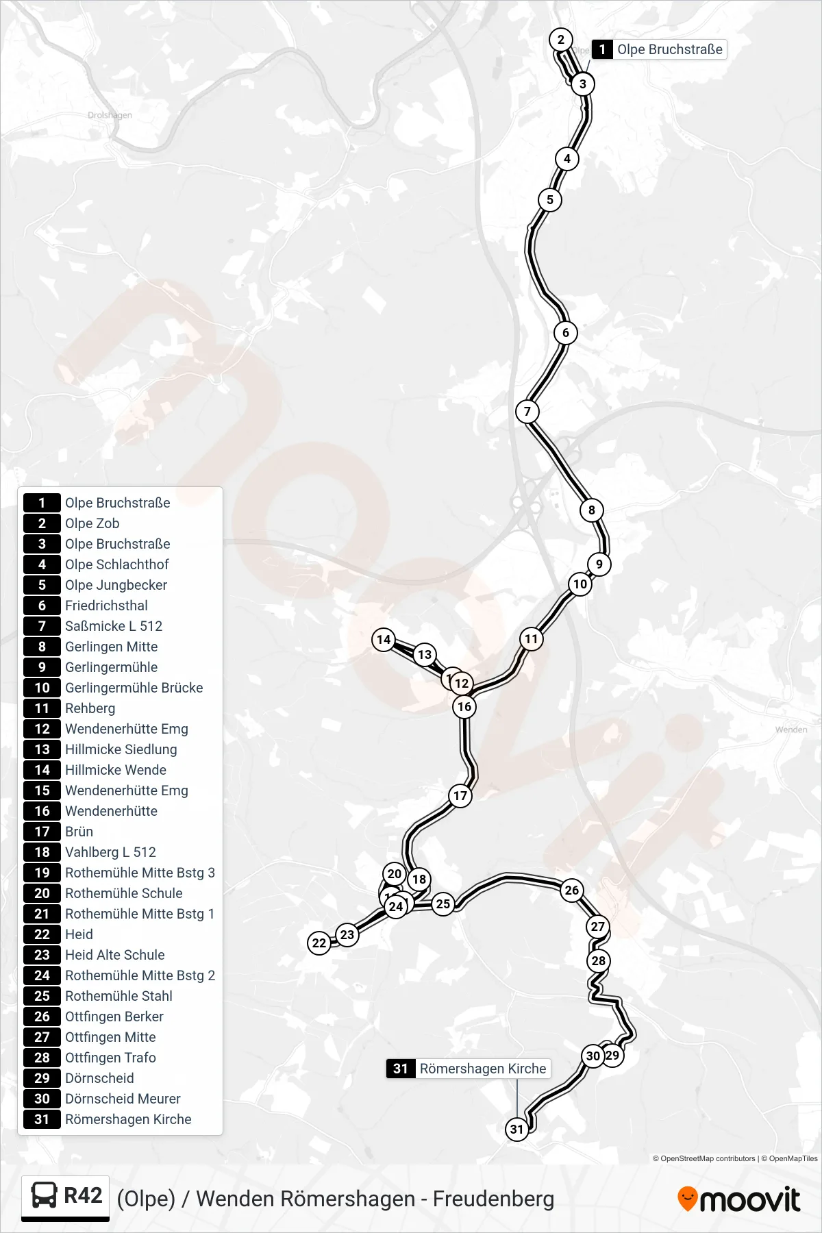 R42 bus Line (Römershagen Kirche) route and stops on a map