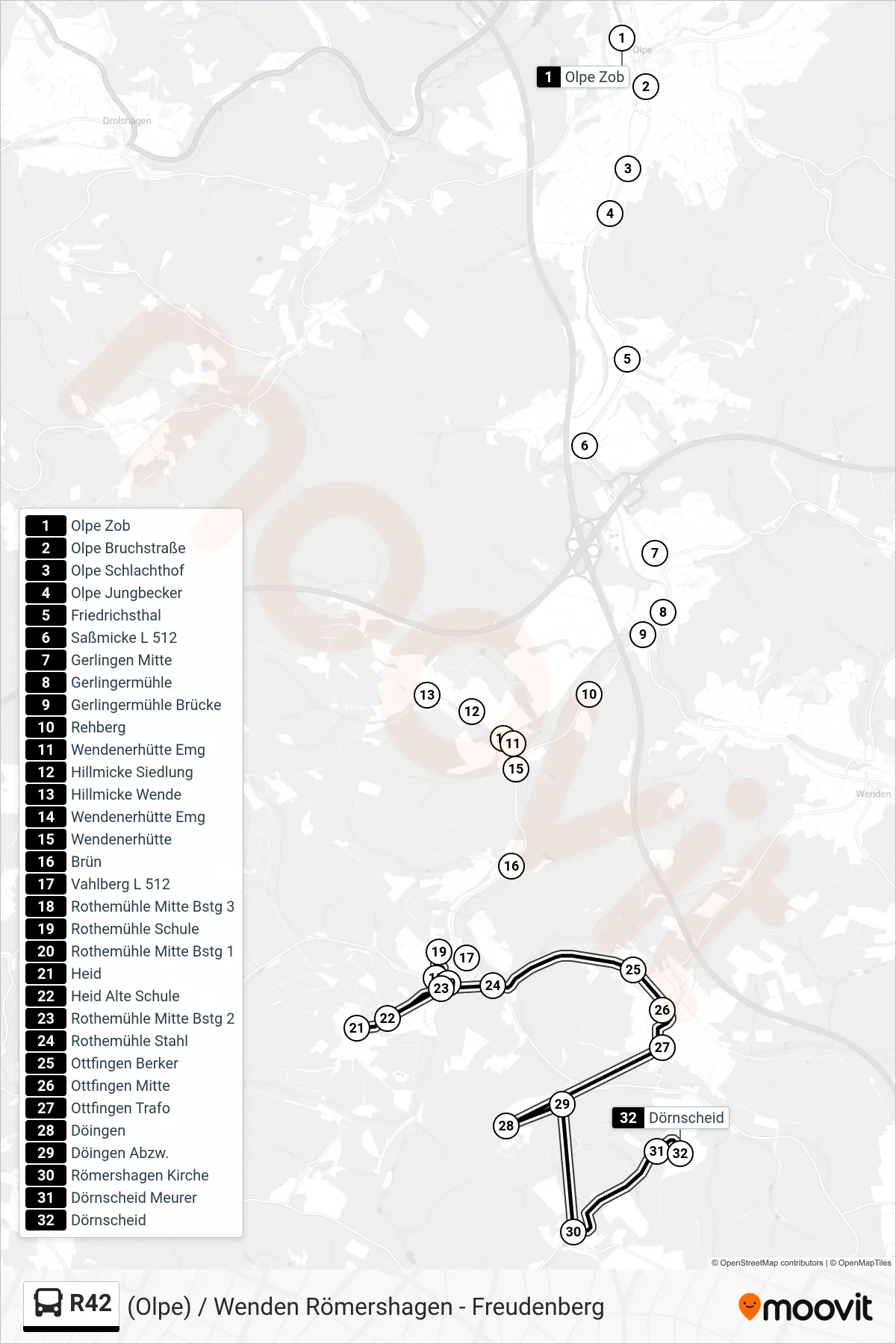 R42 bus Line (Dörnscheid) route and stops on a map