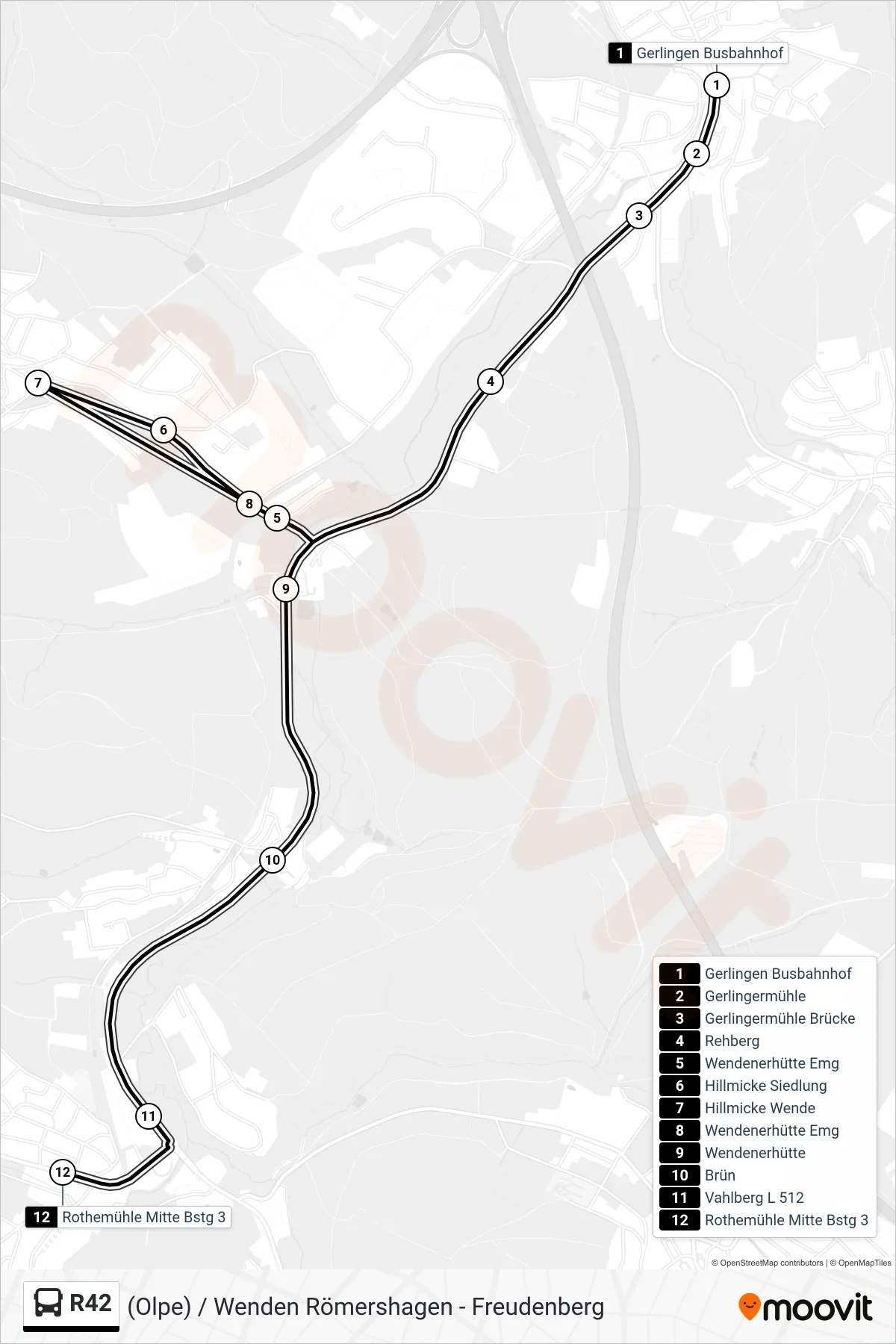 R42 bus Line (Rothemühle Mitte Bstg 3) route and stops on a map