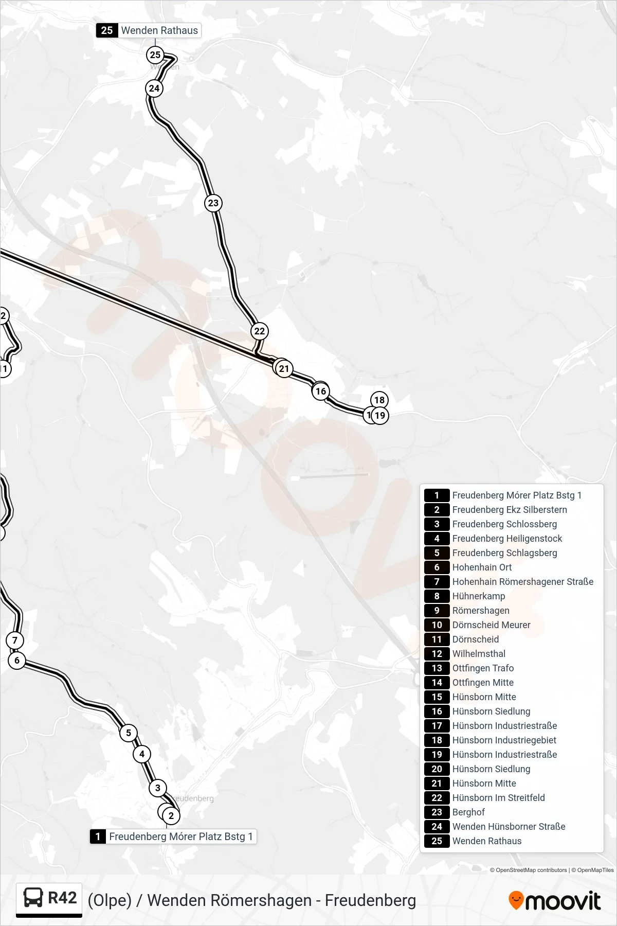 R42 bus Line (Wenden Rathaus) route and stops on a map