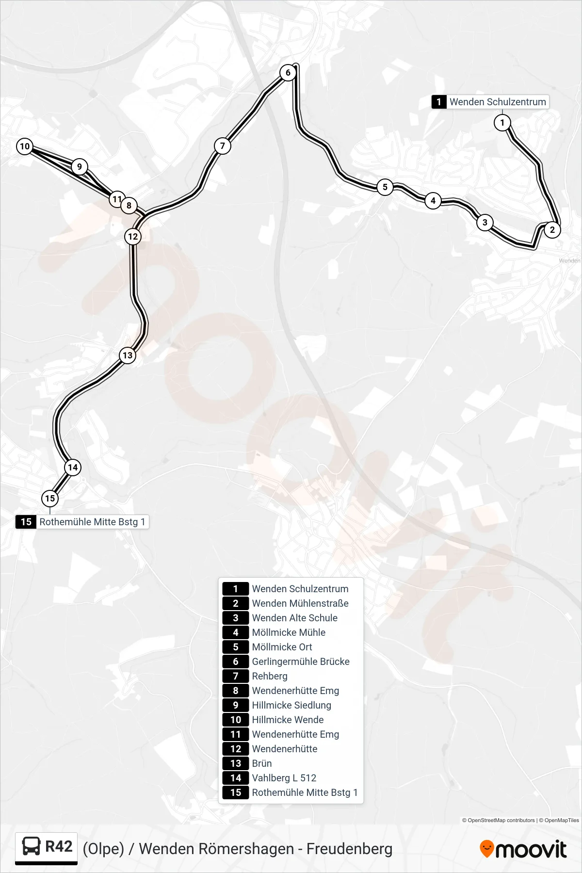 R42 bus Line (Rothemühle Mitte Bstg 1) route and stops on a map