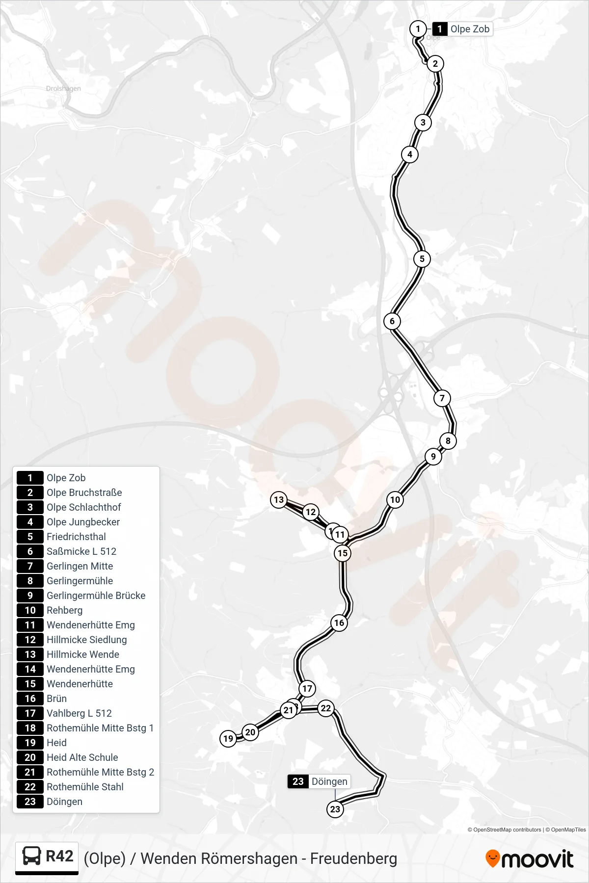 R42 bus Line (Döingen) route and stops on a map