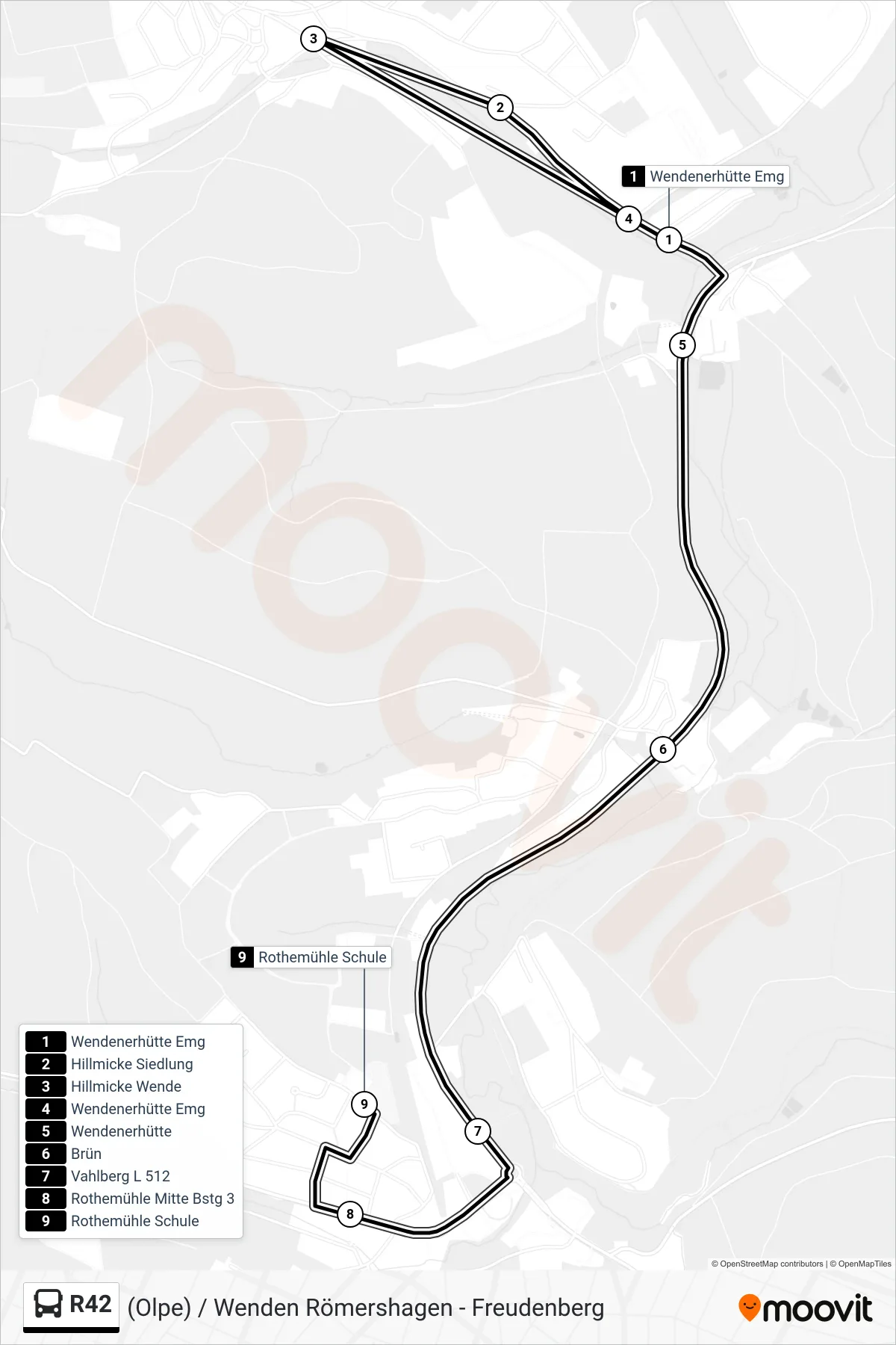 R42 bus Line (Rothemühle Schule) route and stops on a map