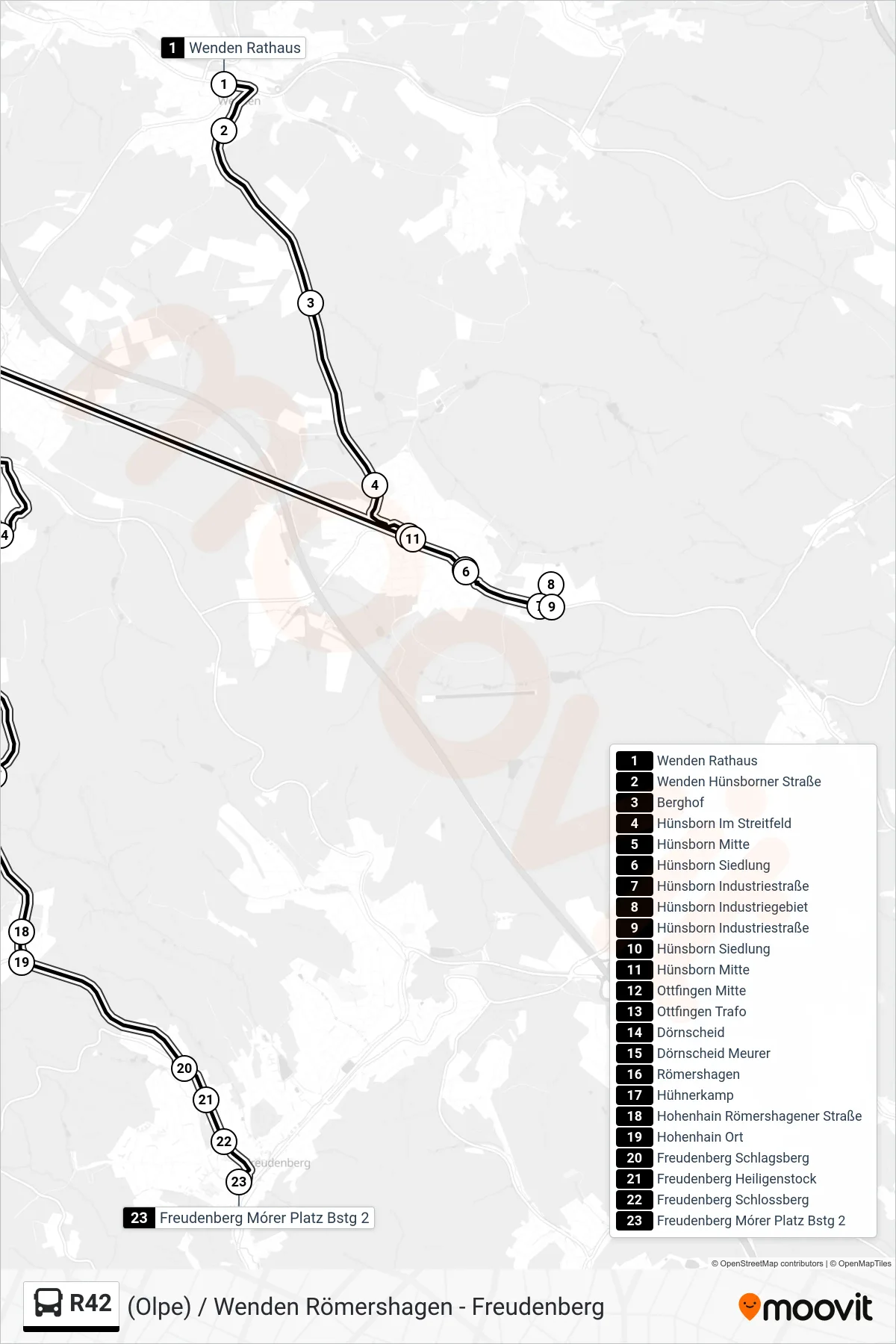 Linie R42 (Bus) Richtung Freudenberg Mórer Platz Bstg 2: Route und Haltestellen auf der Karte