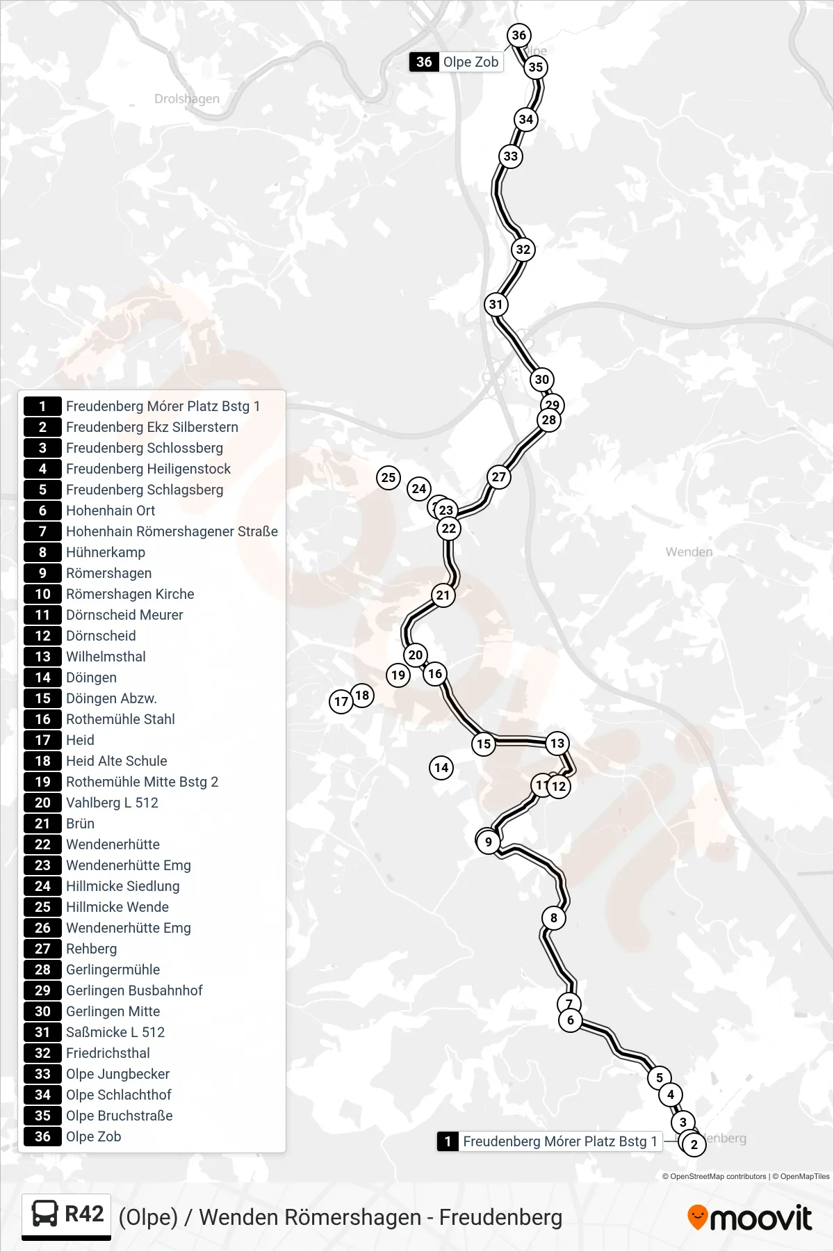 R42 bus Line (Olpe Zob Bstg 10) route and stops on a map