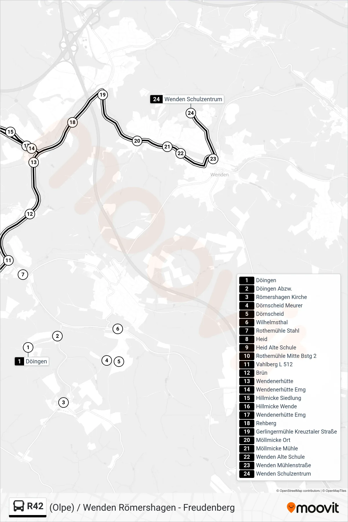 R42 bus Line (Wenden Schulzentrum) route and stops on a map