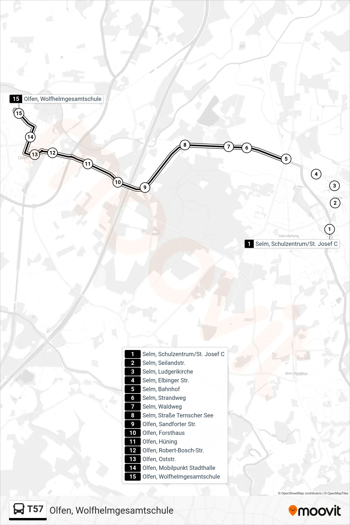 Linie T57 (Bus) Richtung Olfen, Wolfhelmgesamtschule: Route und Haltestellen auf der Karte