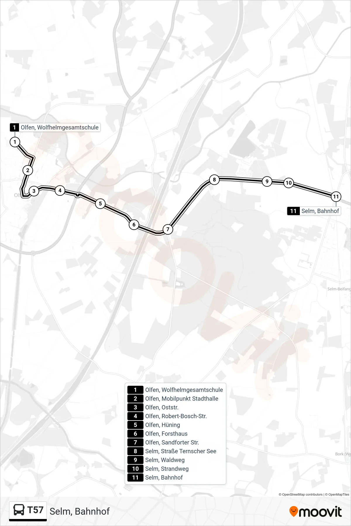 T57 bus Line (Selm, Bahnhof) route and stops on a map