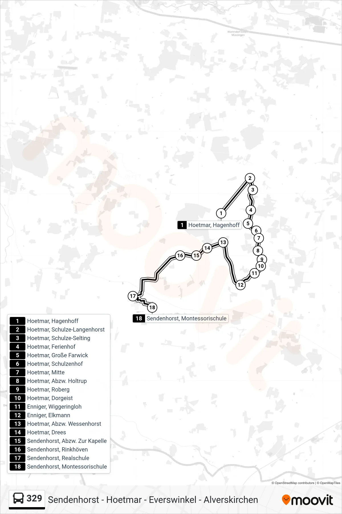 Linie 329 (Bus) Richtung Sendenhorst, Montessorischule: Route und Haltestellen auf der Karte