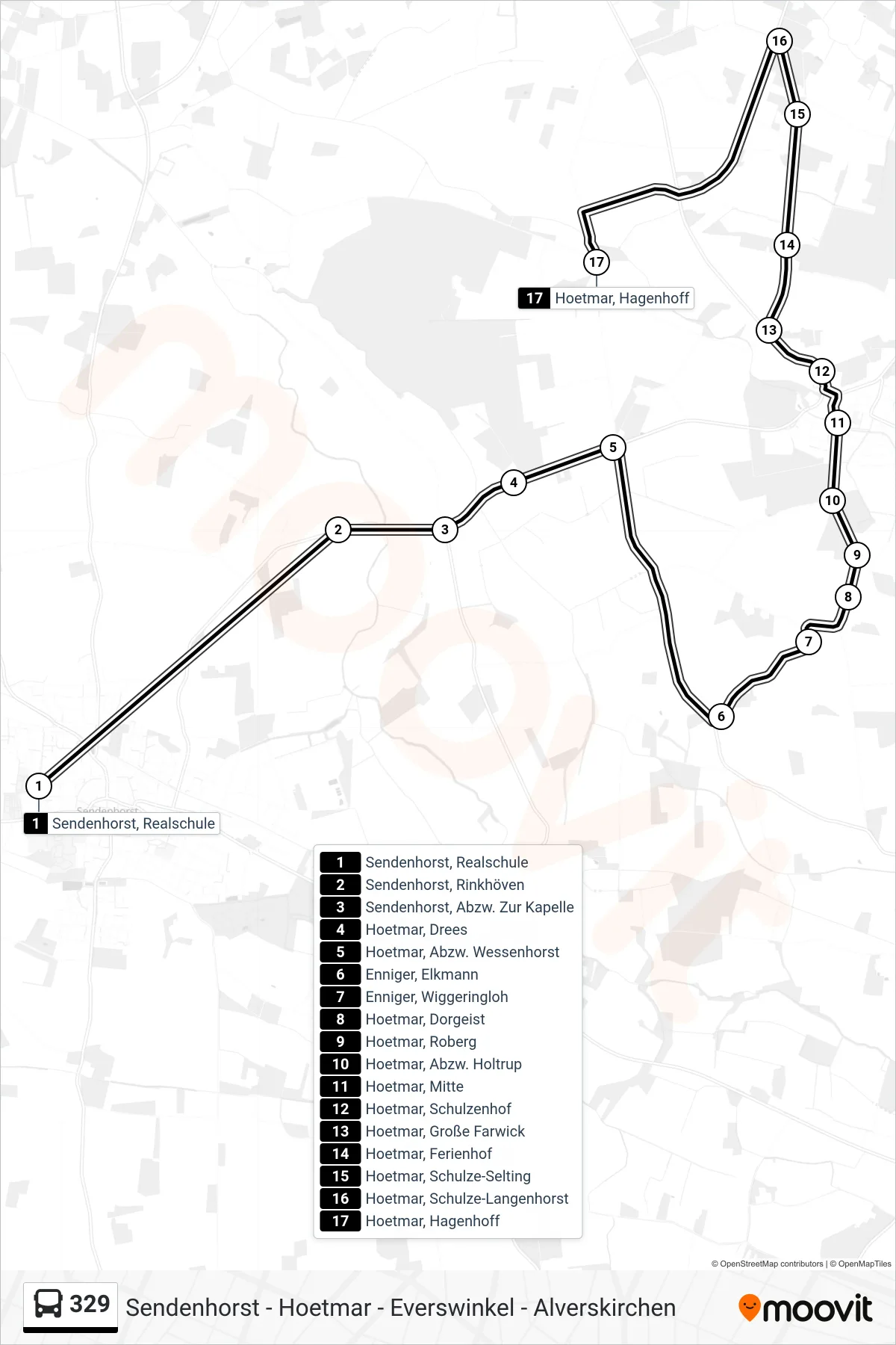 Linie 329 (Bus) Richtung Hoetmar, Hagenhoff: Route und Haltestellen auf der Karte