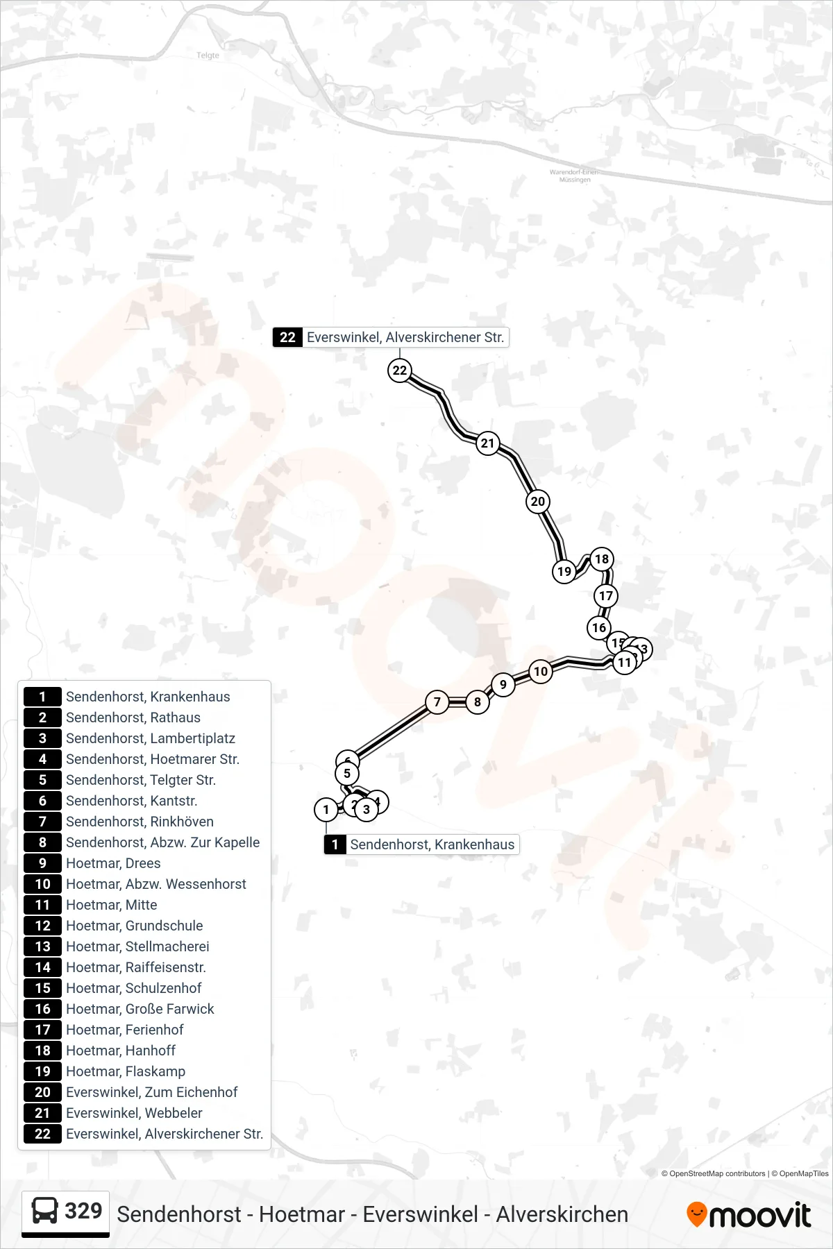 329 bus Line (Everswinkel, Alverskirchener Str.) route and stops on a map