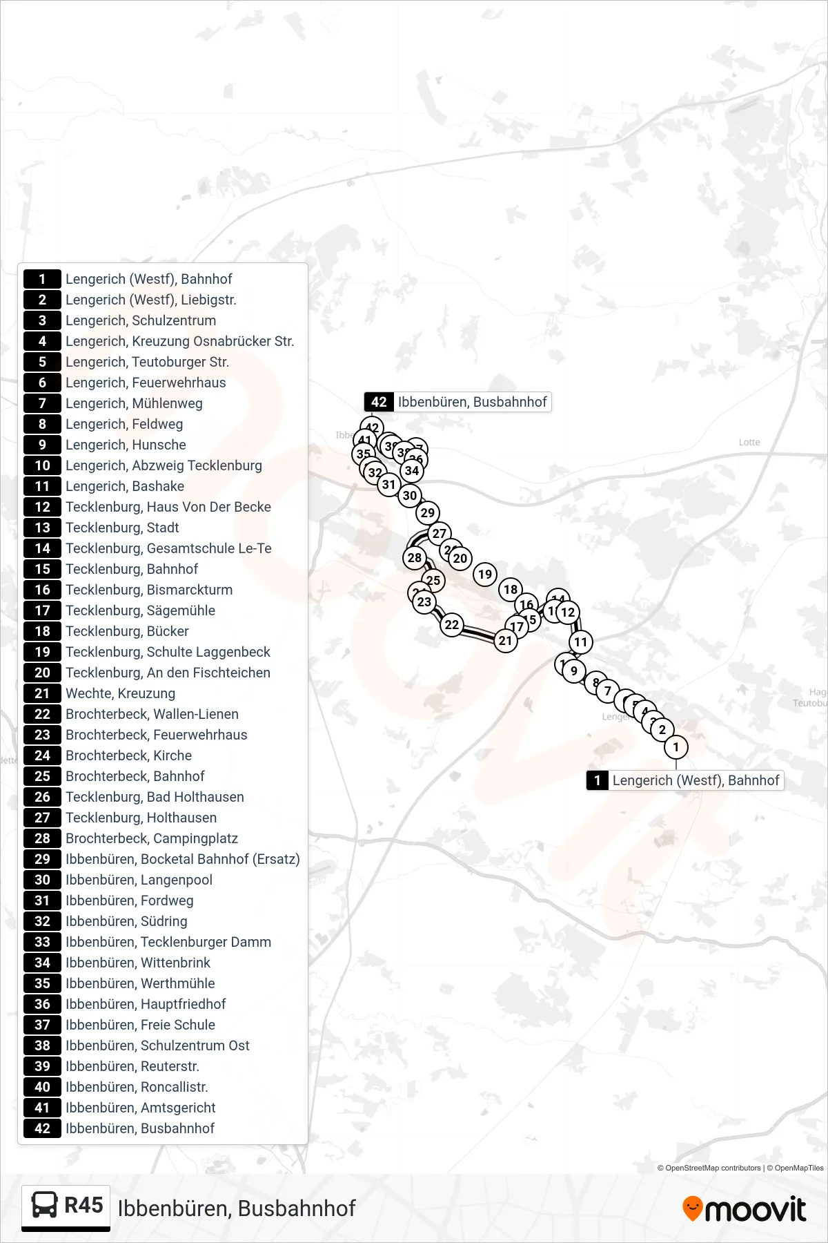R45 bus Line (Ibbenbüren, Busbahnhof) route and stops on a map