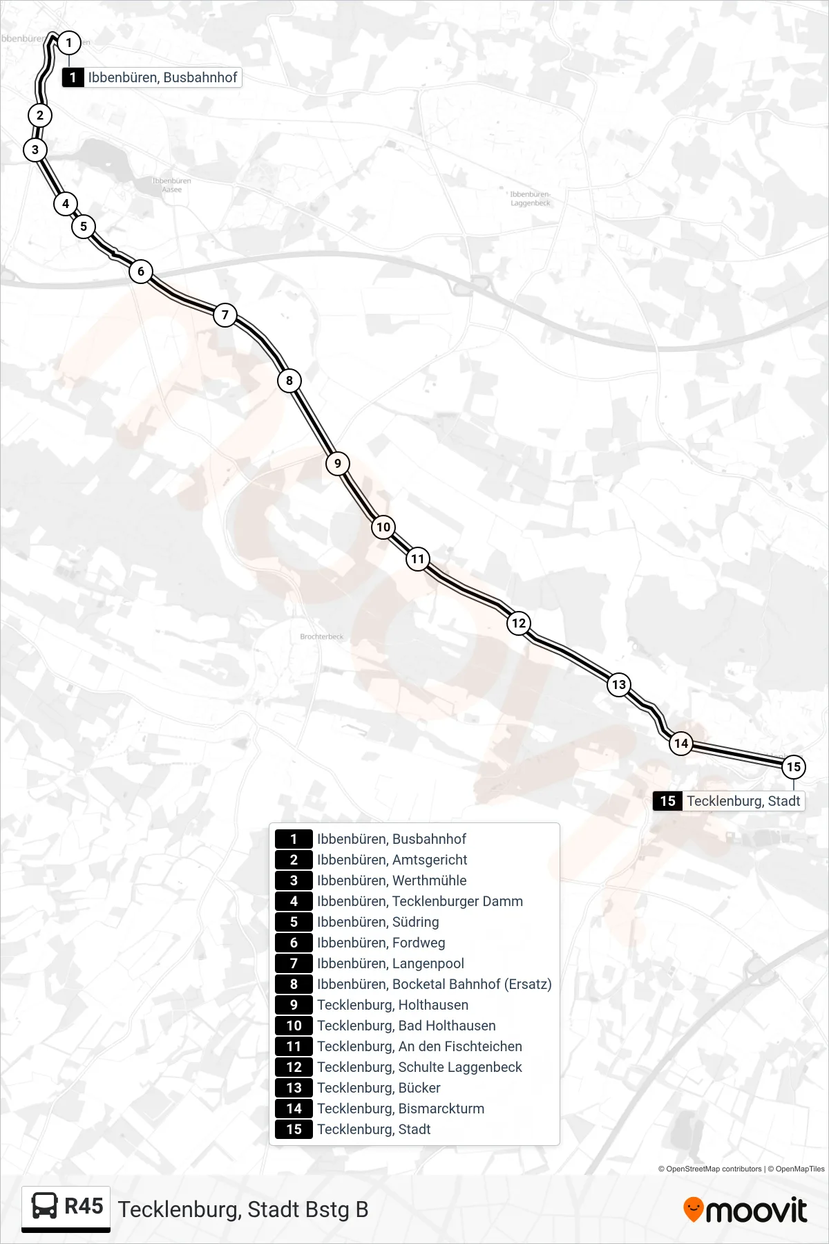 R45 bus Line (Tecklenburg, Stadt Bstg B) route and stops on a map
