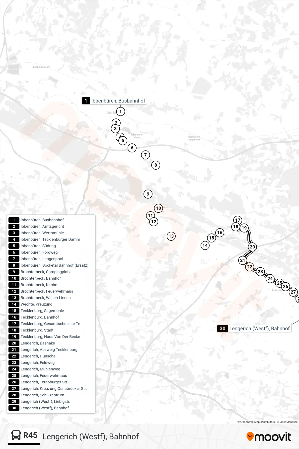 R45 bus Line (Lengerich (Westf), Bahnhof) route and stops on a map