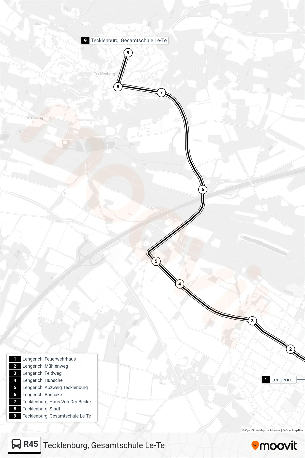 R45 bus Line (Tecklenburg, Gesamtschule Le-Te) route and stops on a map